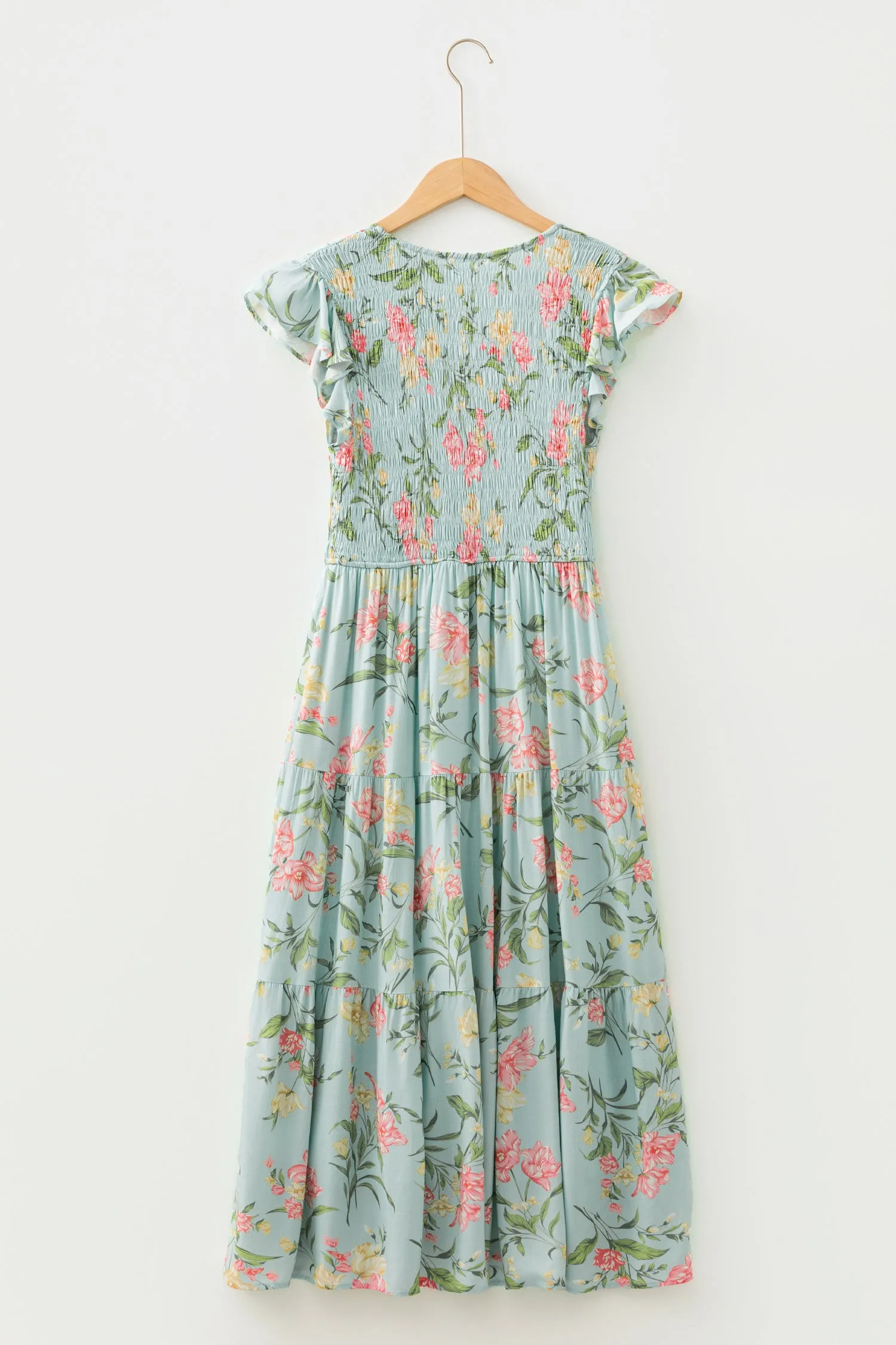 Smocked Shirred Bodice Ruffled Sleeveless Tiered Floral Maxi Dress sold by eAura product image thumbnail 5