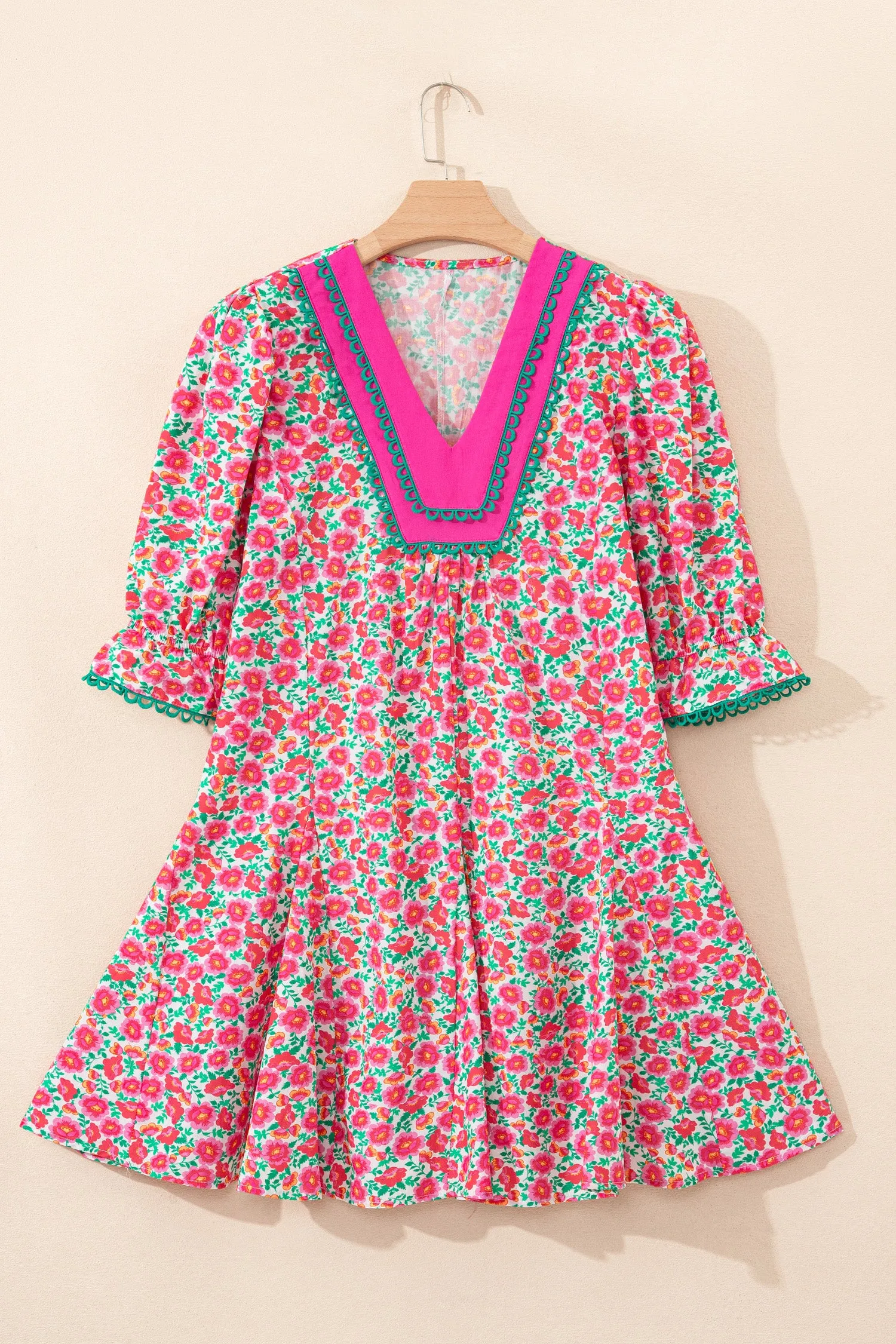 Pink Floral Print V-Neck Patchwork Short Bubble Sleeve Mini Dress sold by eAura