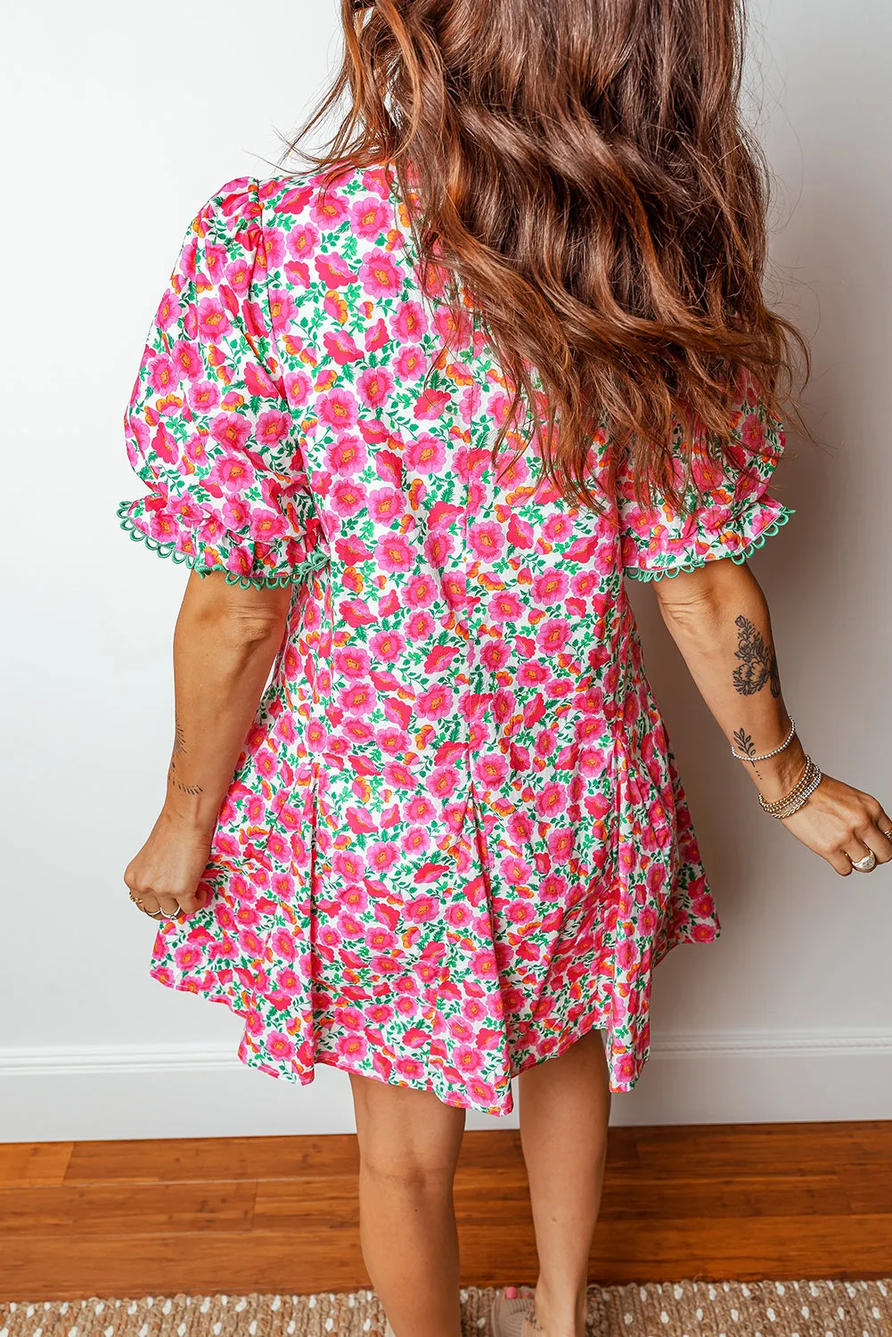 Pink Floral Print V-Neck Patchwork Short Bubble Sleeve Mini Dress sold by eAura product image thumbnail 3