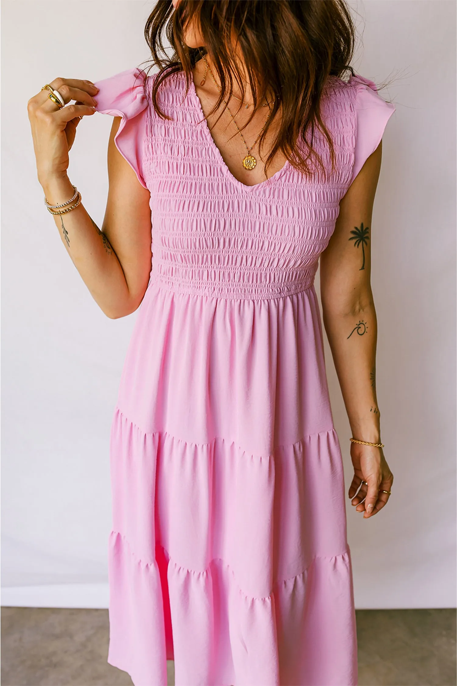 Pink Smocked Bodice Flutter Sleeve Fit Flare Tiered Midi Dress sold by eAura product image thumbnail 5