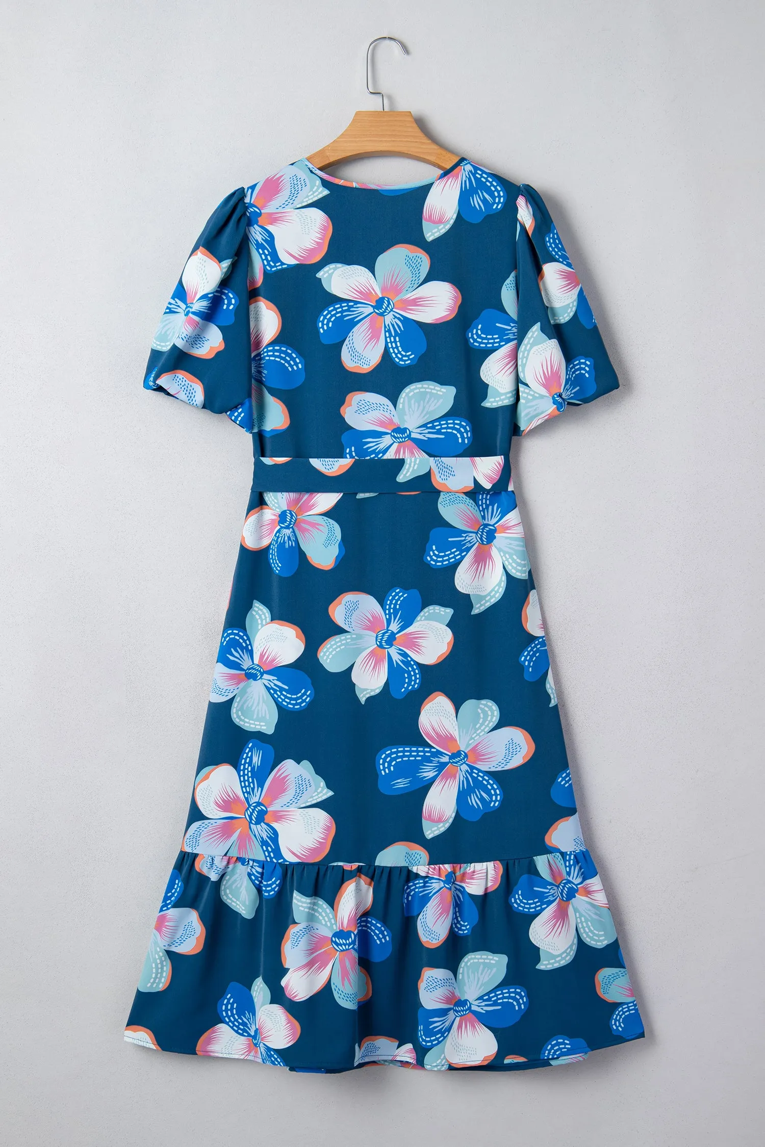 Blue Floral Print Short Puff Sleeve Ruffle Hem Belted Long Dress sold by eAura product image thumbnail 5