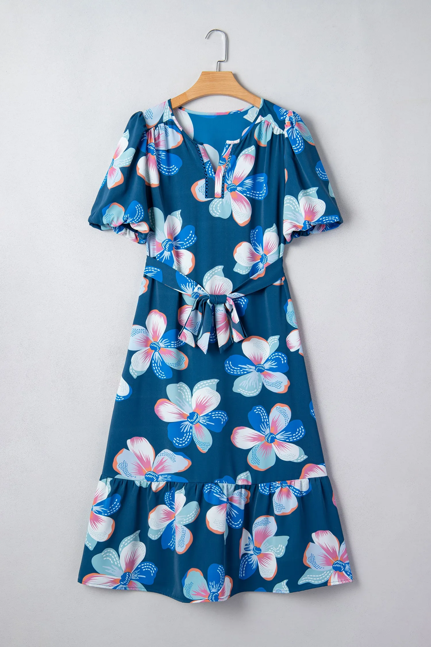 Blue Floral Print Short Puff Sleeve Ruffle Hem Belted Long Dress sold by eAura