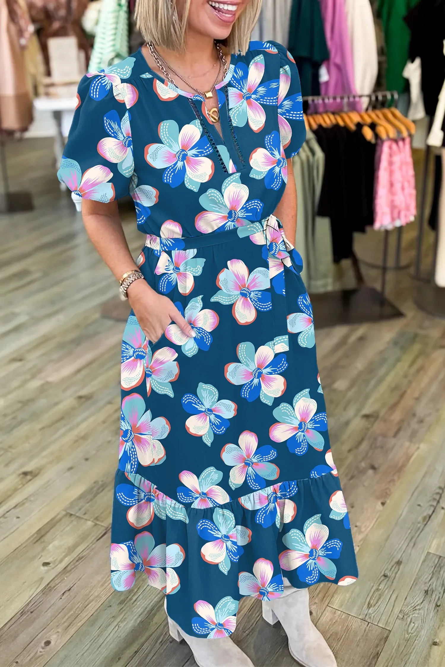 Blue Floral Print Short Puff Sleeve Ruffle Hem Belted Long Dress sold by eAura product image thumbnail 2