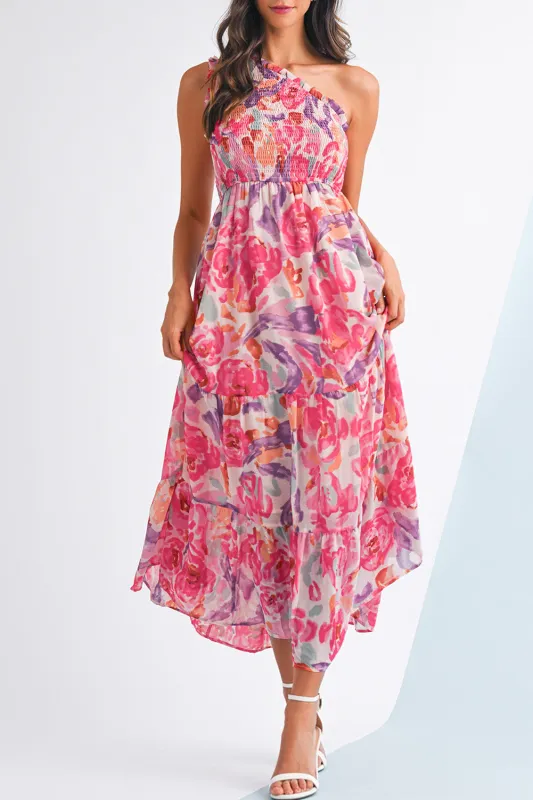 Pink Floral Print Shirred One Shoulder Maxi Dress sold by eAura