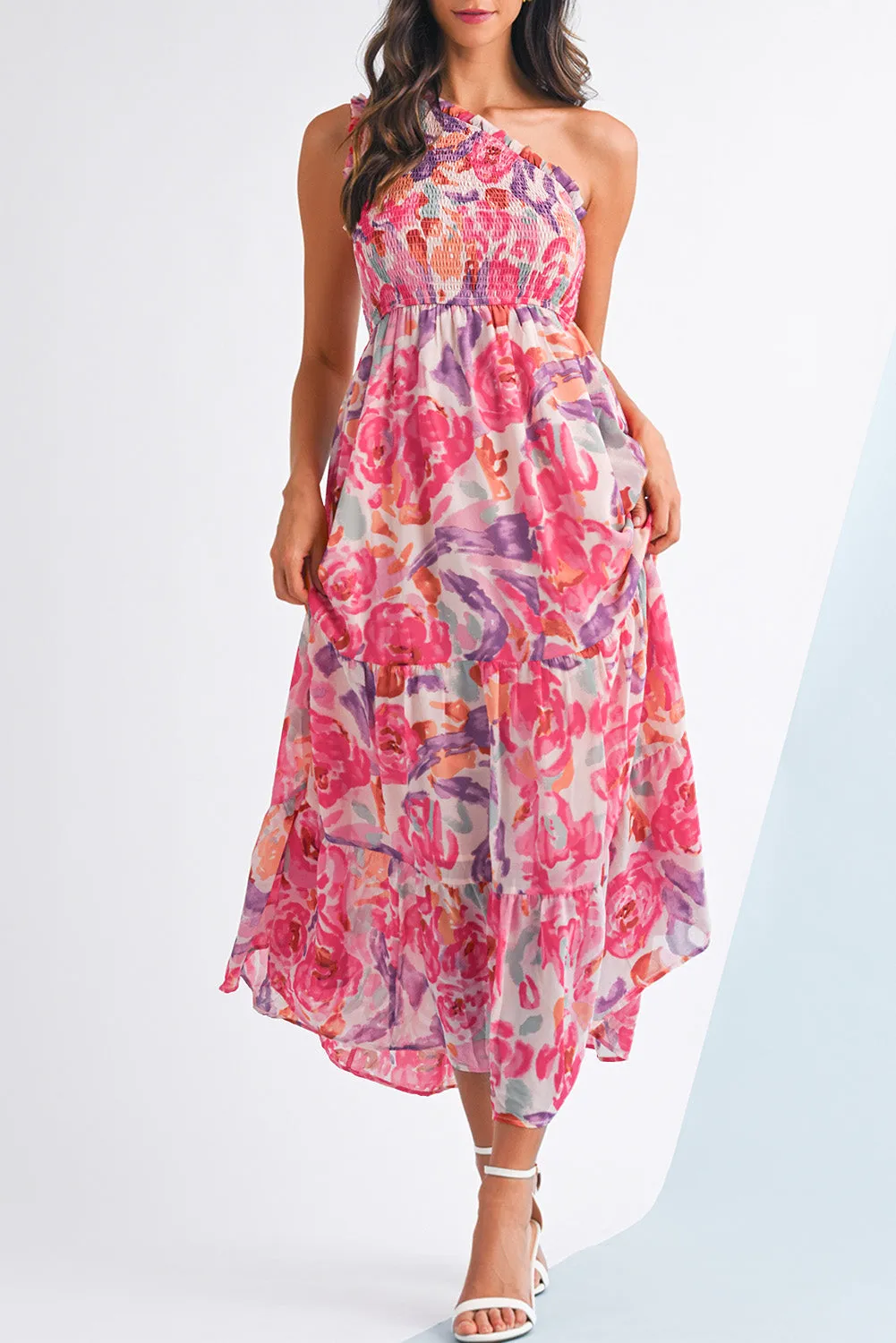 Pink Floral Print Shirred One Shoulder Maxi Dress sold by eAura