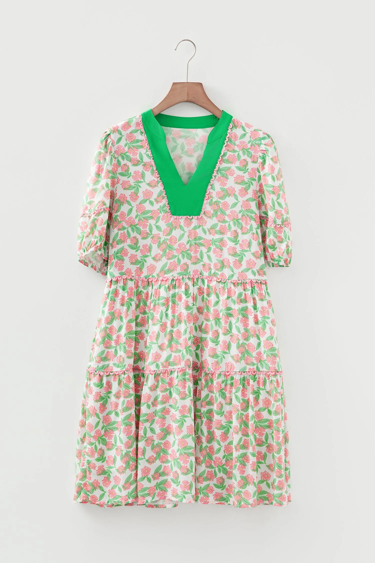 Green Contrast Neckline RicRac Trim Floral Short Puff Sleeve Dress sold by eAura