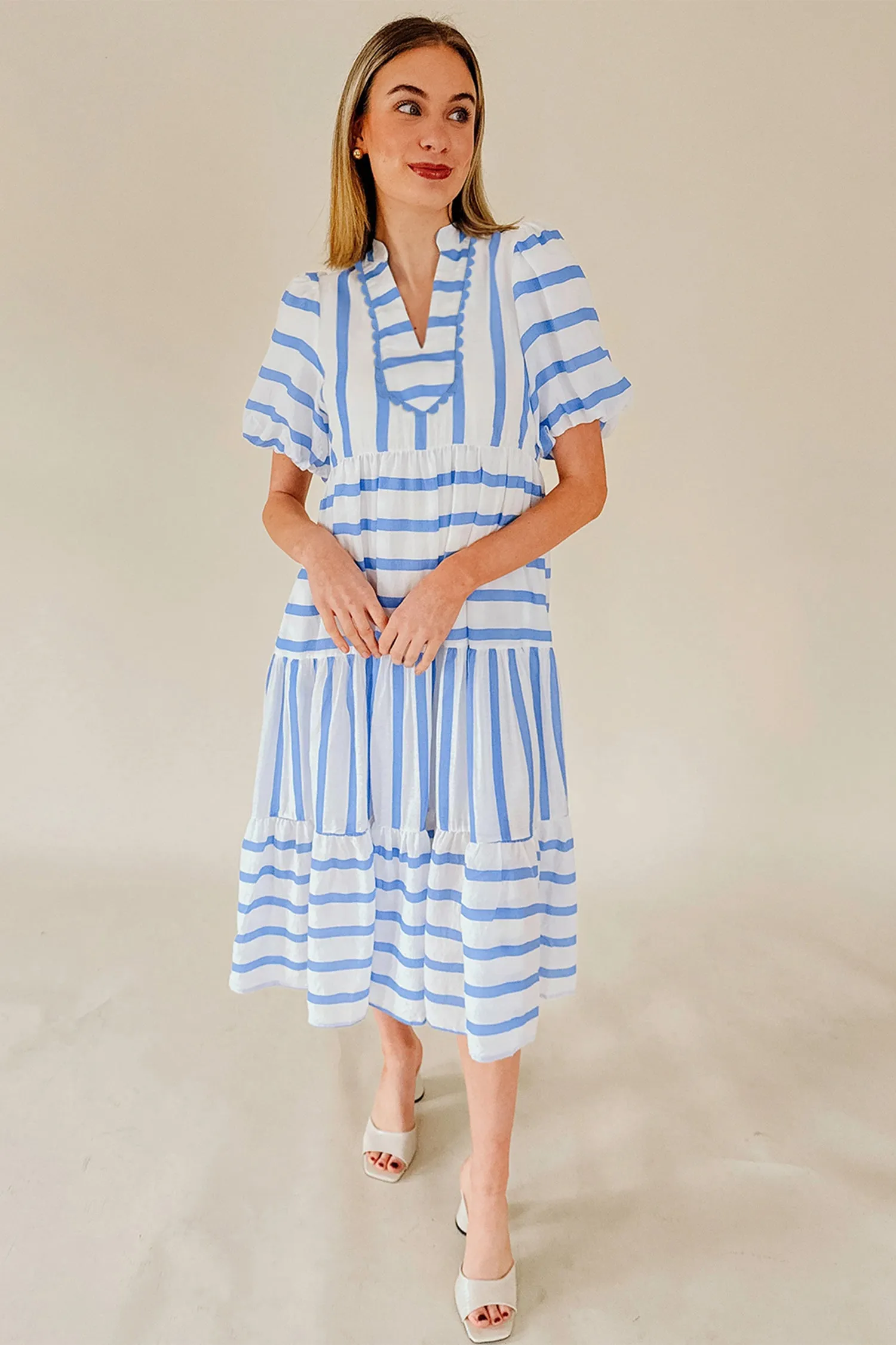 Stripe RicRac Trim Notched Neck Half Sleeve Long Dress sold by eAura product image thumbnail 3