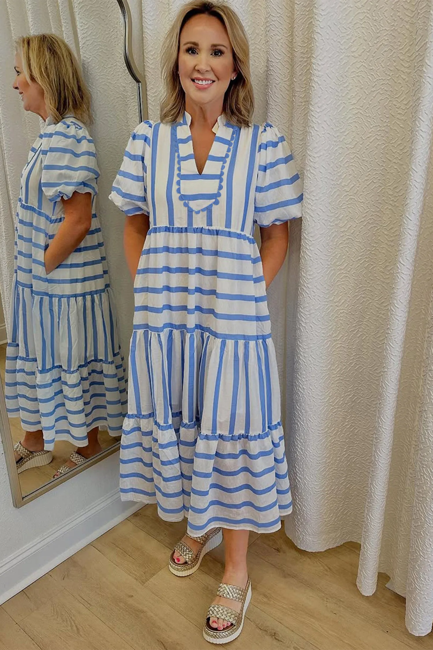 Stripe RicRac Trim Notched Neck Half Sleeve Long Dress sold by eAura product image thumbnail 5