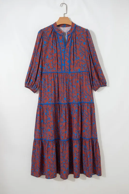 Brown 3/4 Puff Sleeve Tiered Loose Floral Dress sold by eAura