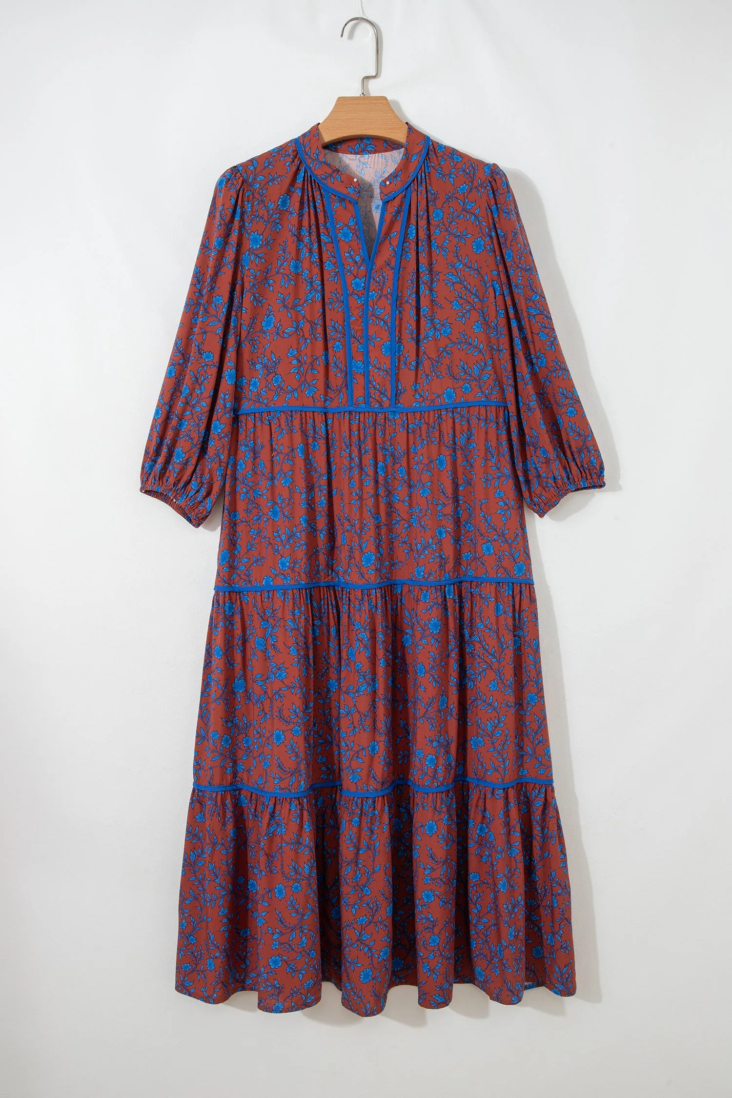 Brown 3/4 Puff Sleeve Tiered Loose Floral Dress sold by eAura