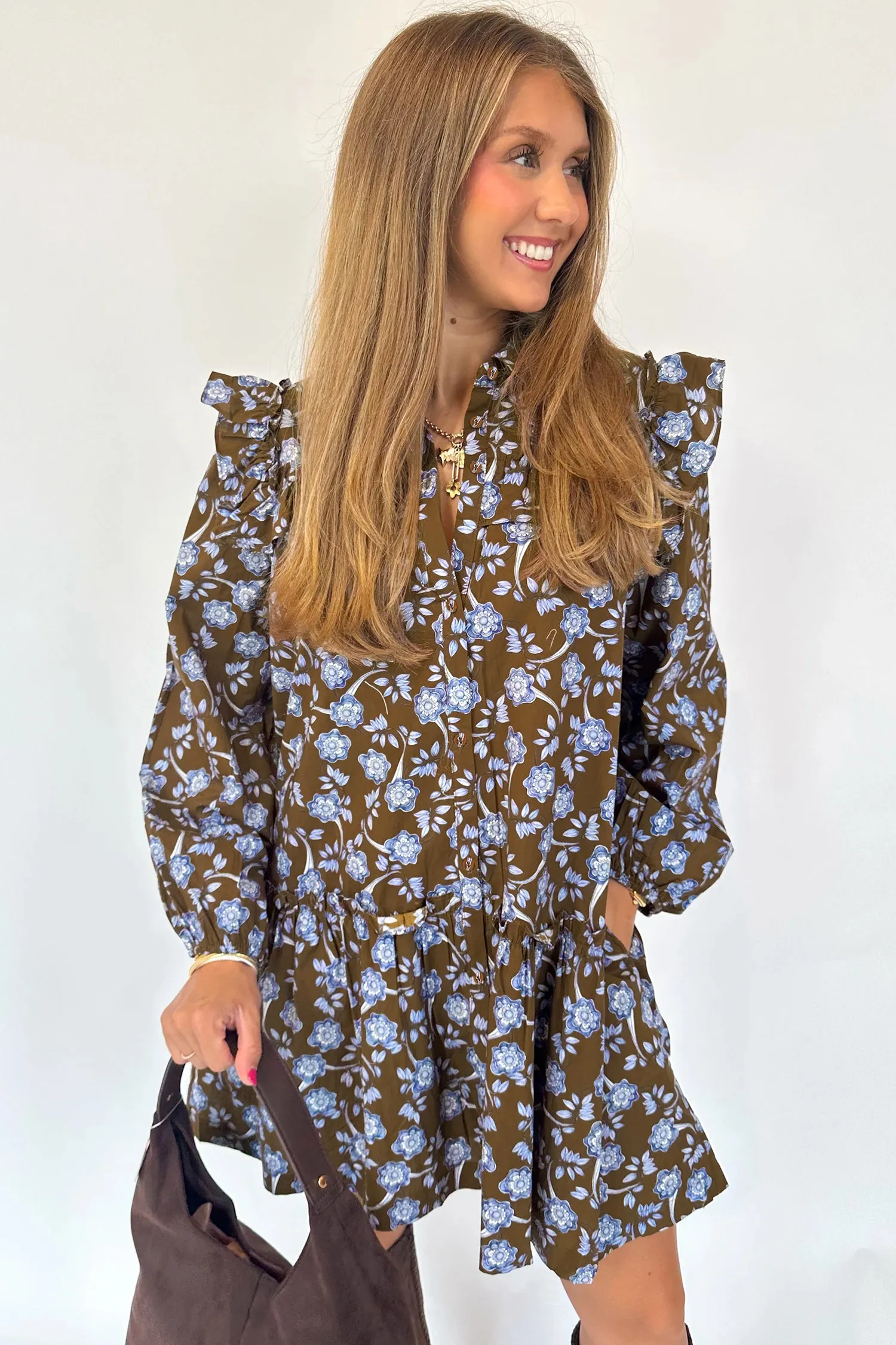 Brown Floral Print Ruffled Detail Shirt Collar Button Down Long Sleeve Dress sold by eAura product image thumbnail 3