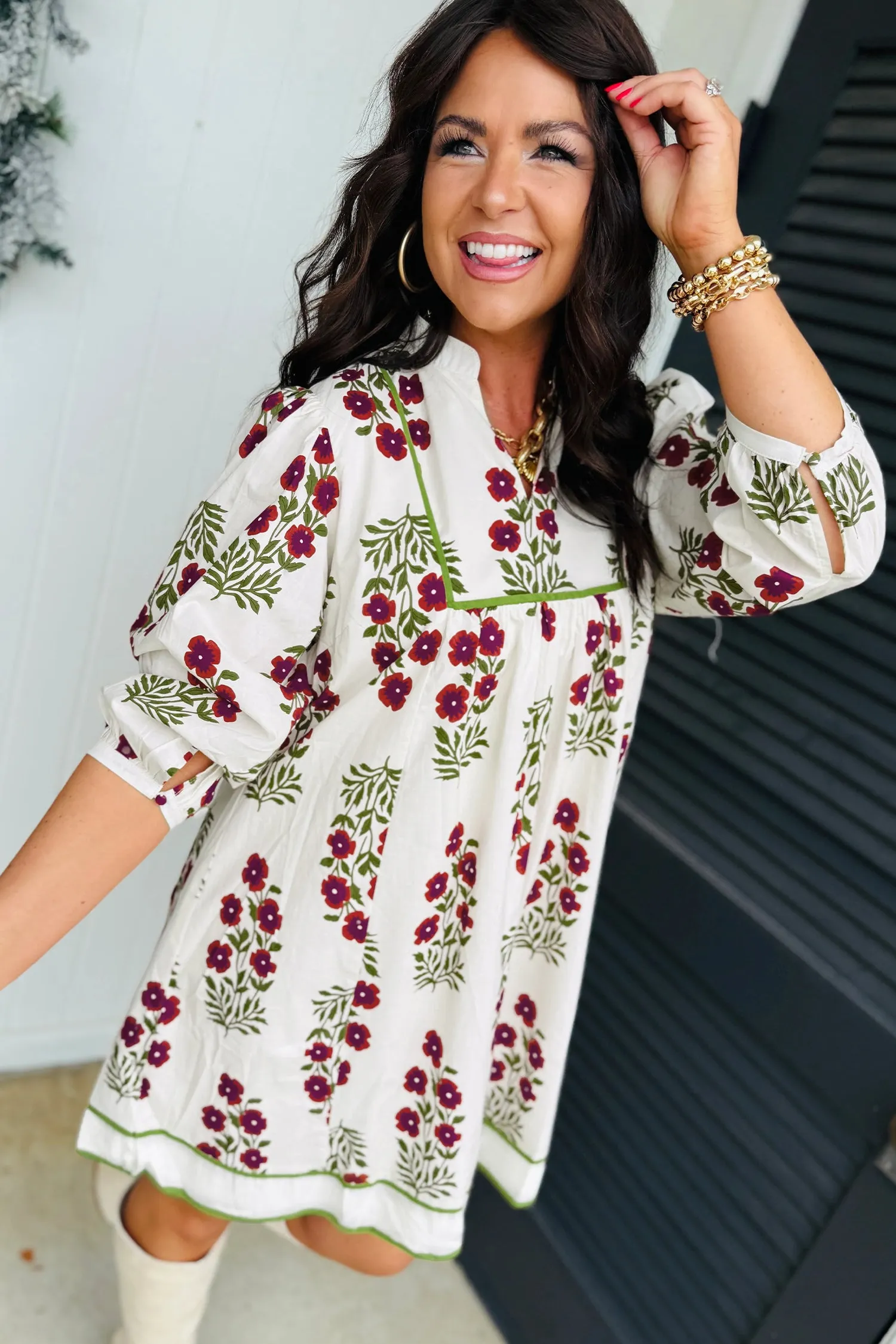White Frilled V-Neck 3/4 Sleeve Loose Floral Dress sold by eAura product image thumbnail 4