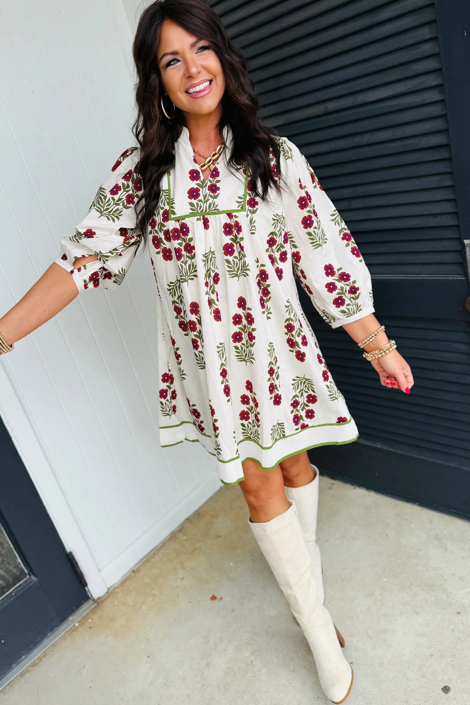White Frilled V-Neck 3/4 Sleeve Loose Floral Dress sold by eAura product image thumbnail 3