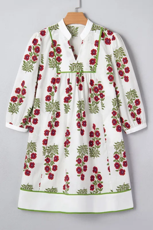 White Frilled V-Neck 3/4 Sleeve Loose Floral Dress sold by eAura