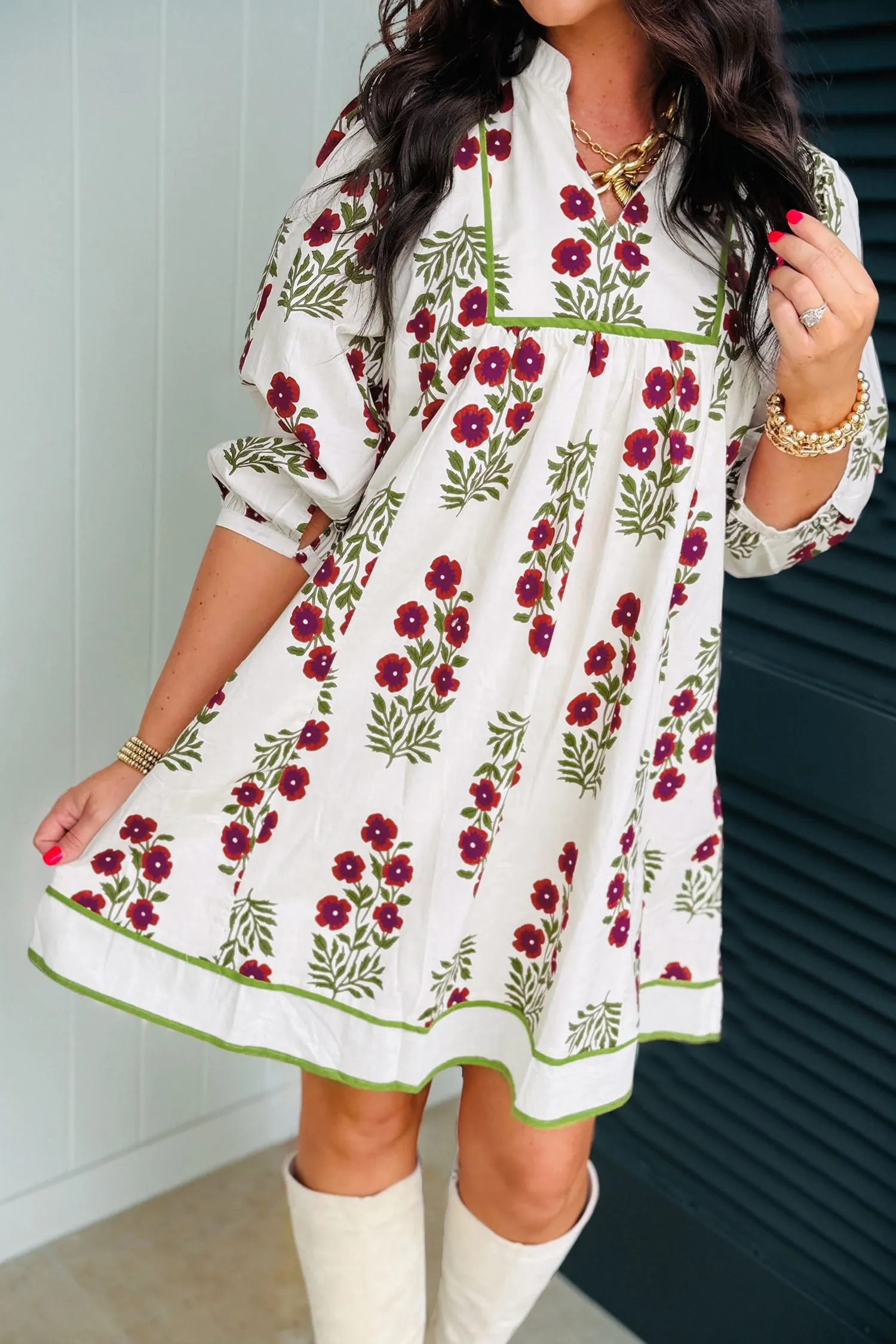 White Frilled V-Neck 3/4 Sleeve Loose Floral Dress sold by eAura product image thumbnail 2