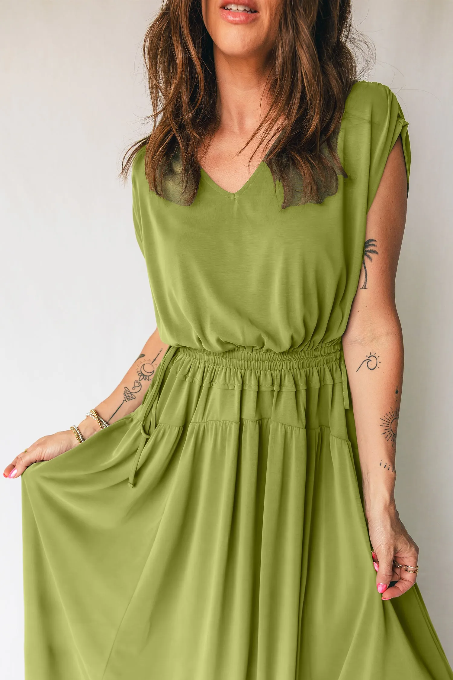 V-Neck Cap Sleeve Tunic Elastic Waist Versatile Maxi Dress sold by eAura product image thumbnail 4