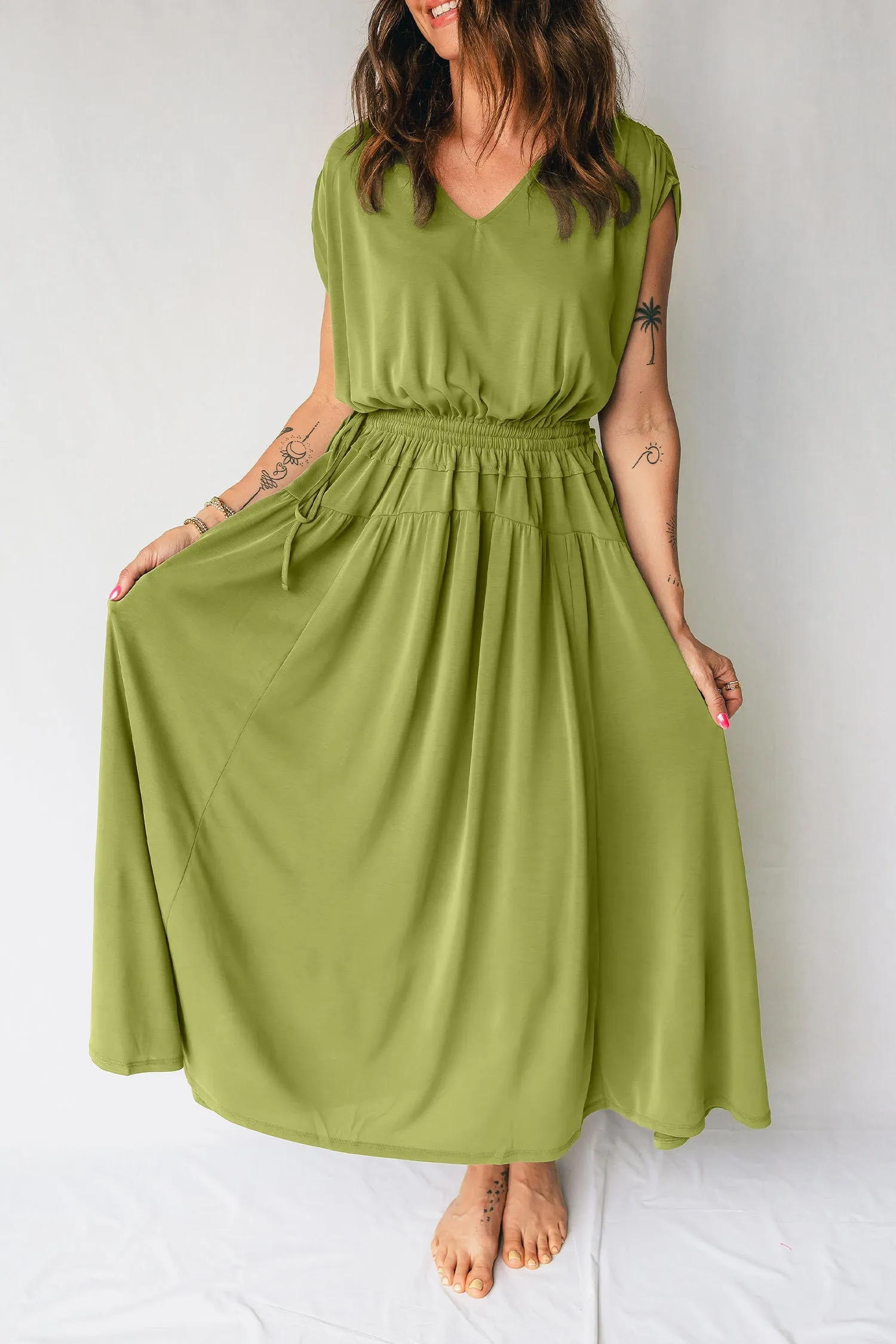 V-Neck Cap Sleeve Tunic Elastic Waist Versatile Maxi Dress sold by eAura product image thumbnail 3