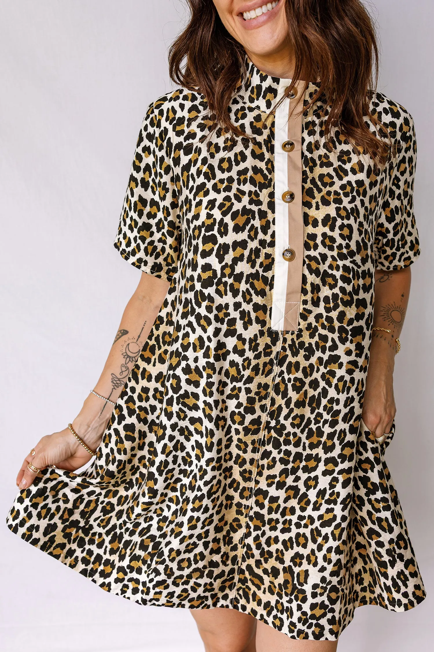 Multicolour Half Buttons Short Sleeve Loose Leopard Mini Dress with Pockets sold by eAura product image thumbnail 5