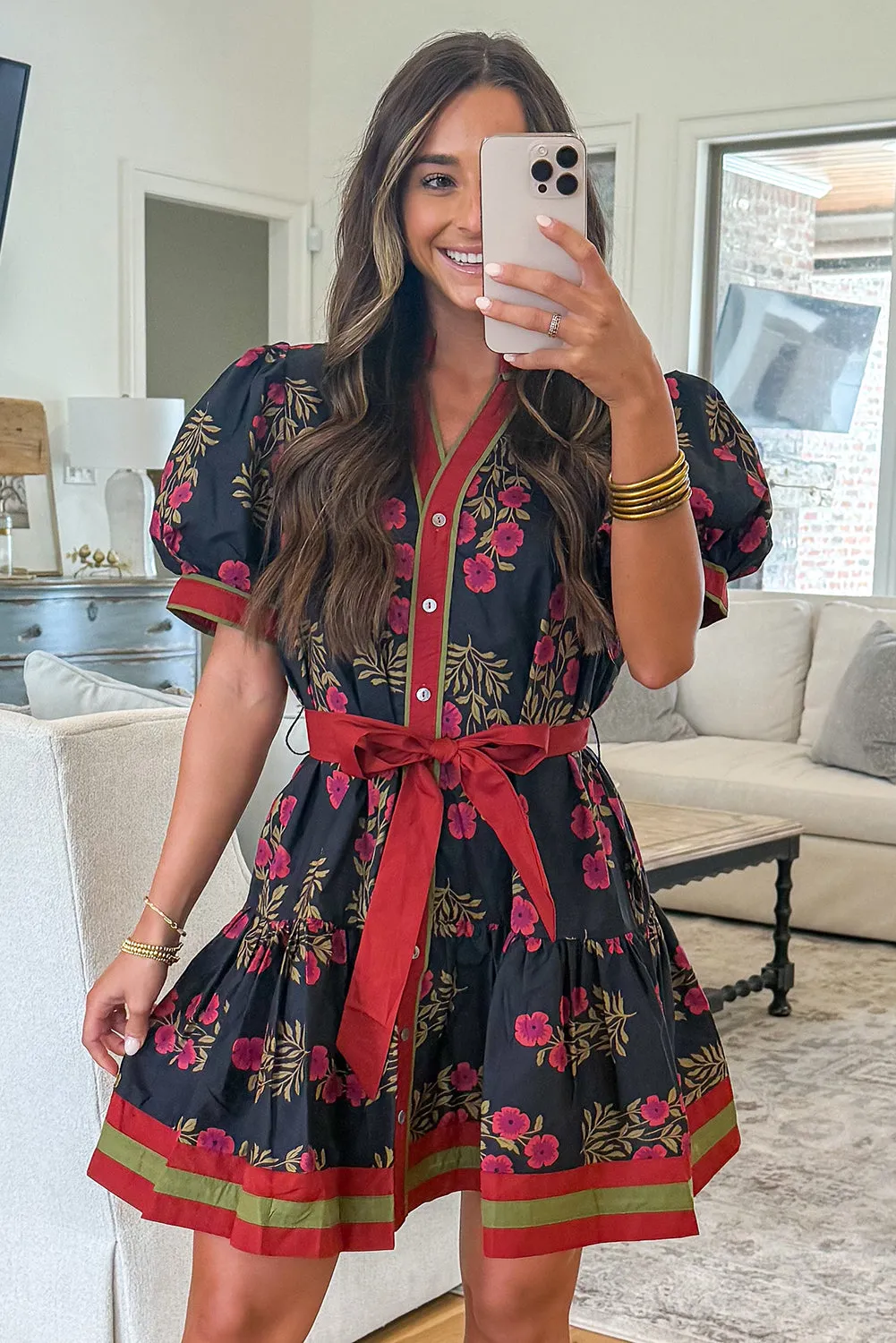 Black Retro Floral Print Button Down Belted Short Puff Sleeve Mini Dress sold by eAura product image thumbnail 5