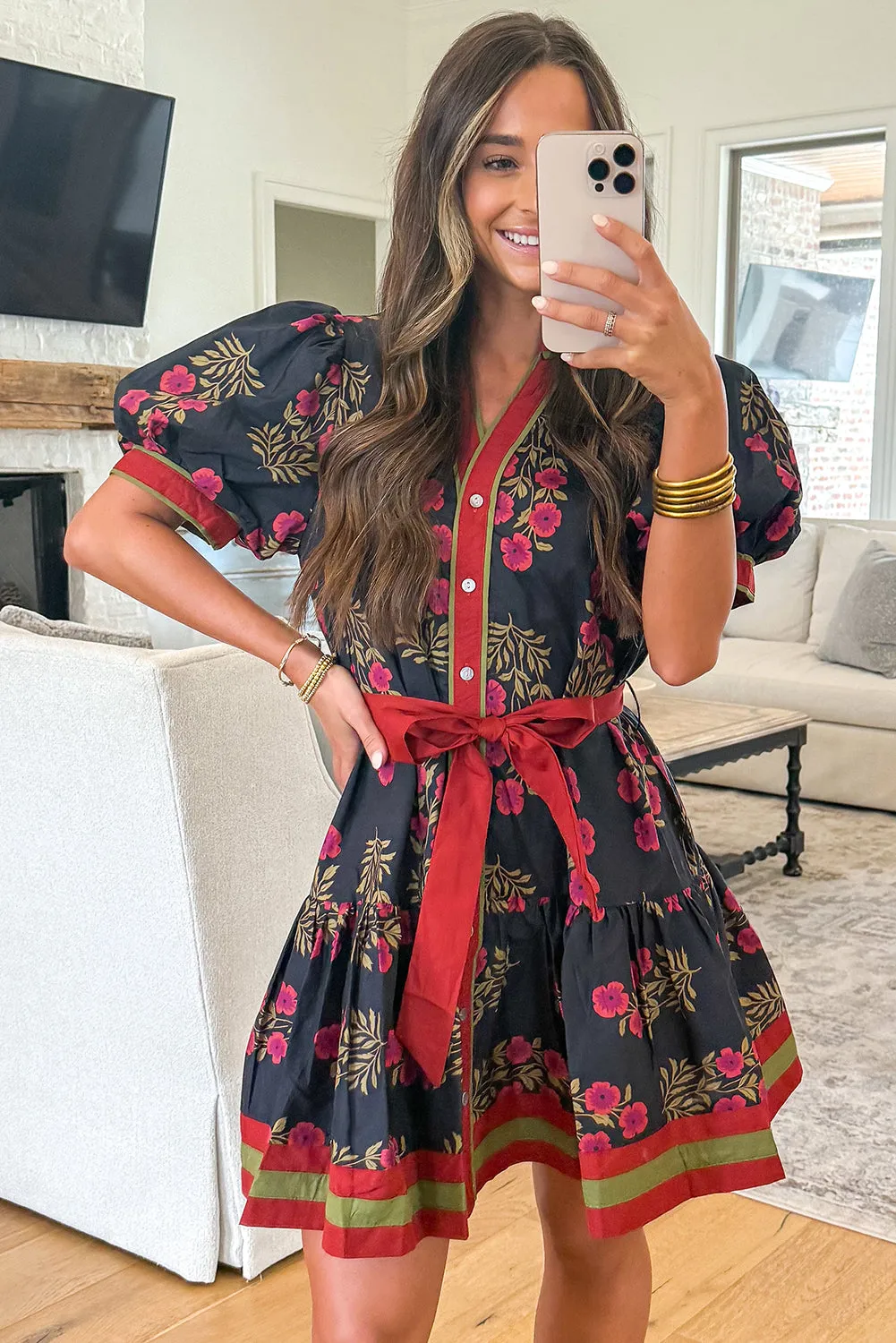 Black Retro Floral Print Button Down Belted Short Puff Sleeve Mini Dress sold by eAura product image thumbnail 4