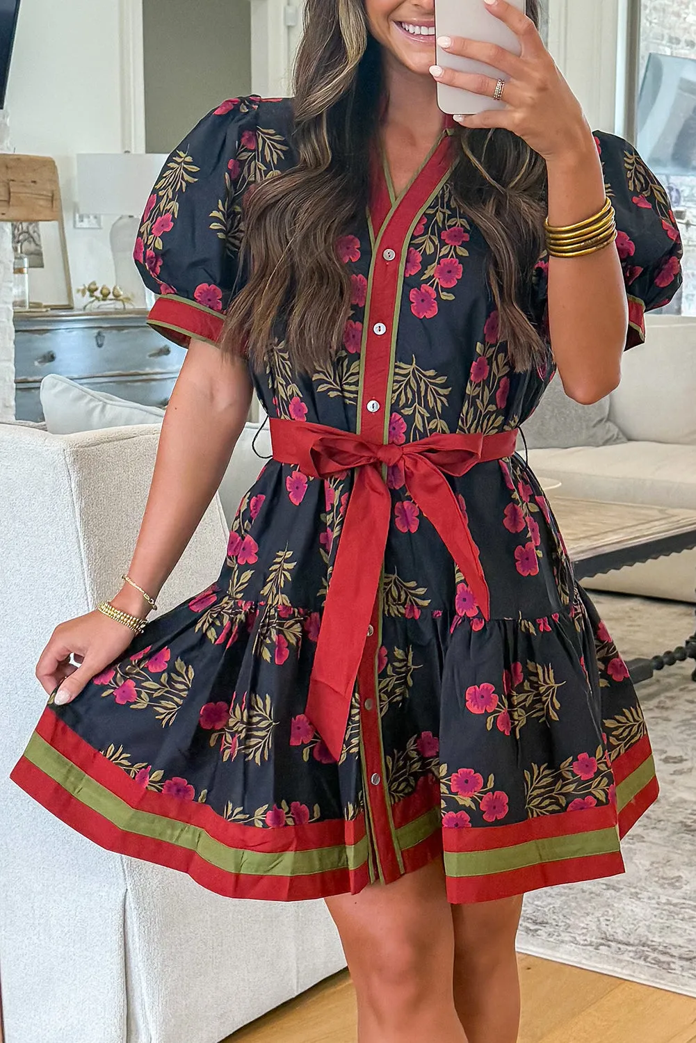 Black Retro Floral Print Button Down Belted Short Puff Sleeve Mini Dress sold by eAura product image thumbnail 2