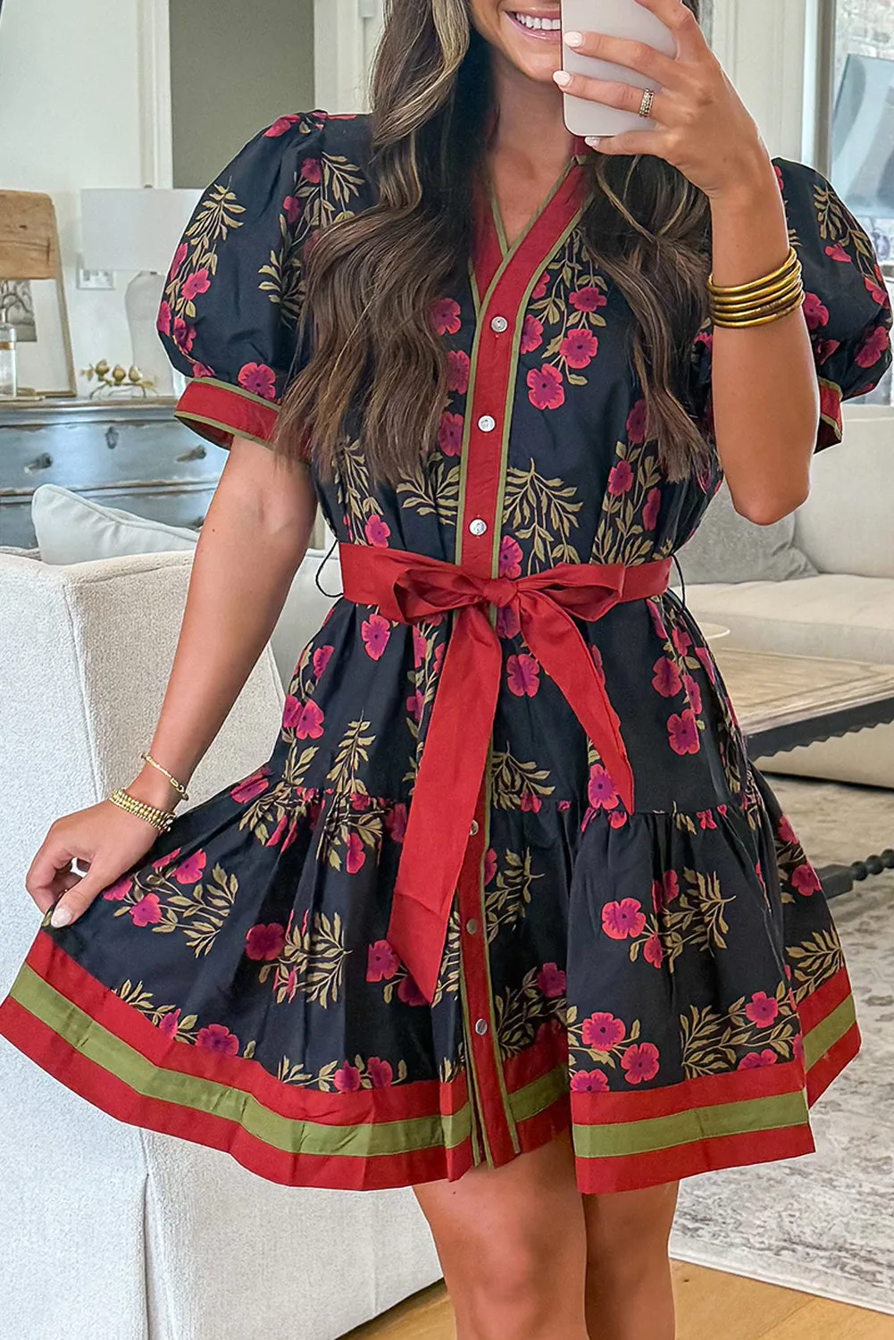 Black Retro Floral Print Button Down Belted Short Puff Sleeve Mini Dress sold by eAura