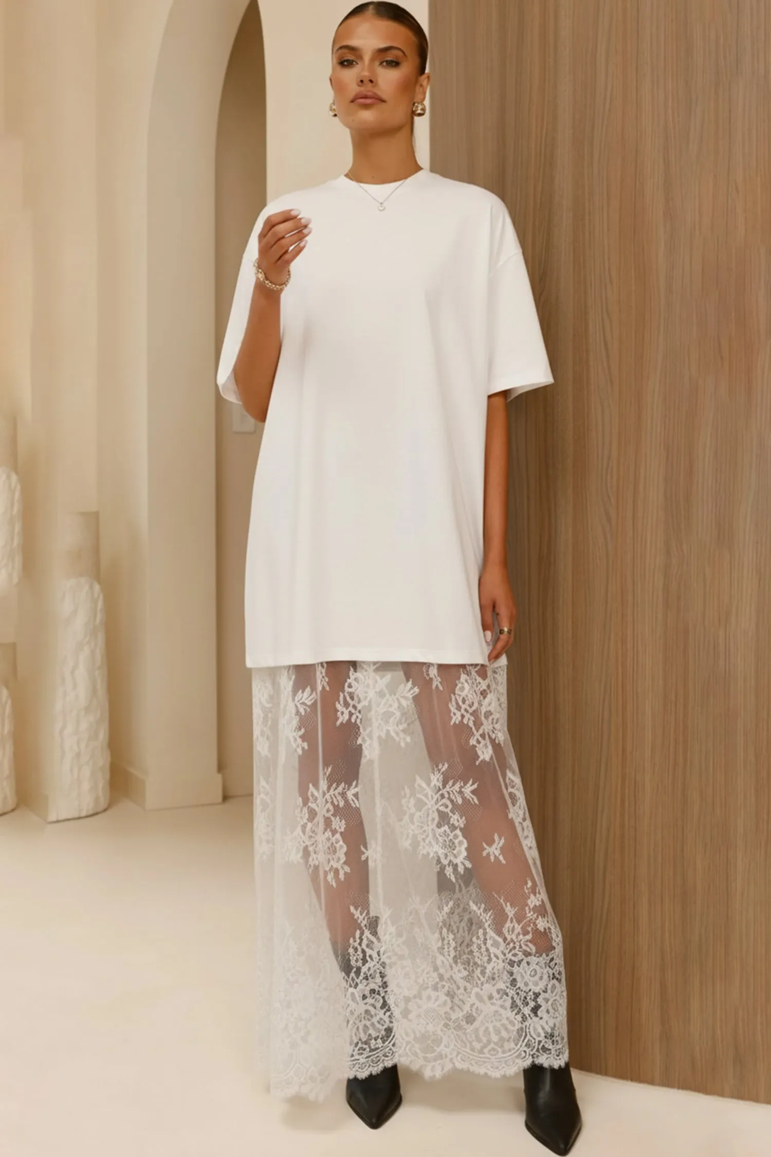 White Floral Patchwork Short Sleeve T-Shirt Loose Lace Maxi Dress sold by eAura product image thumbnail 4