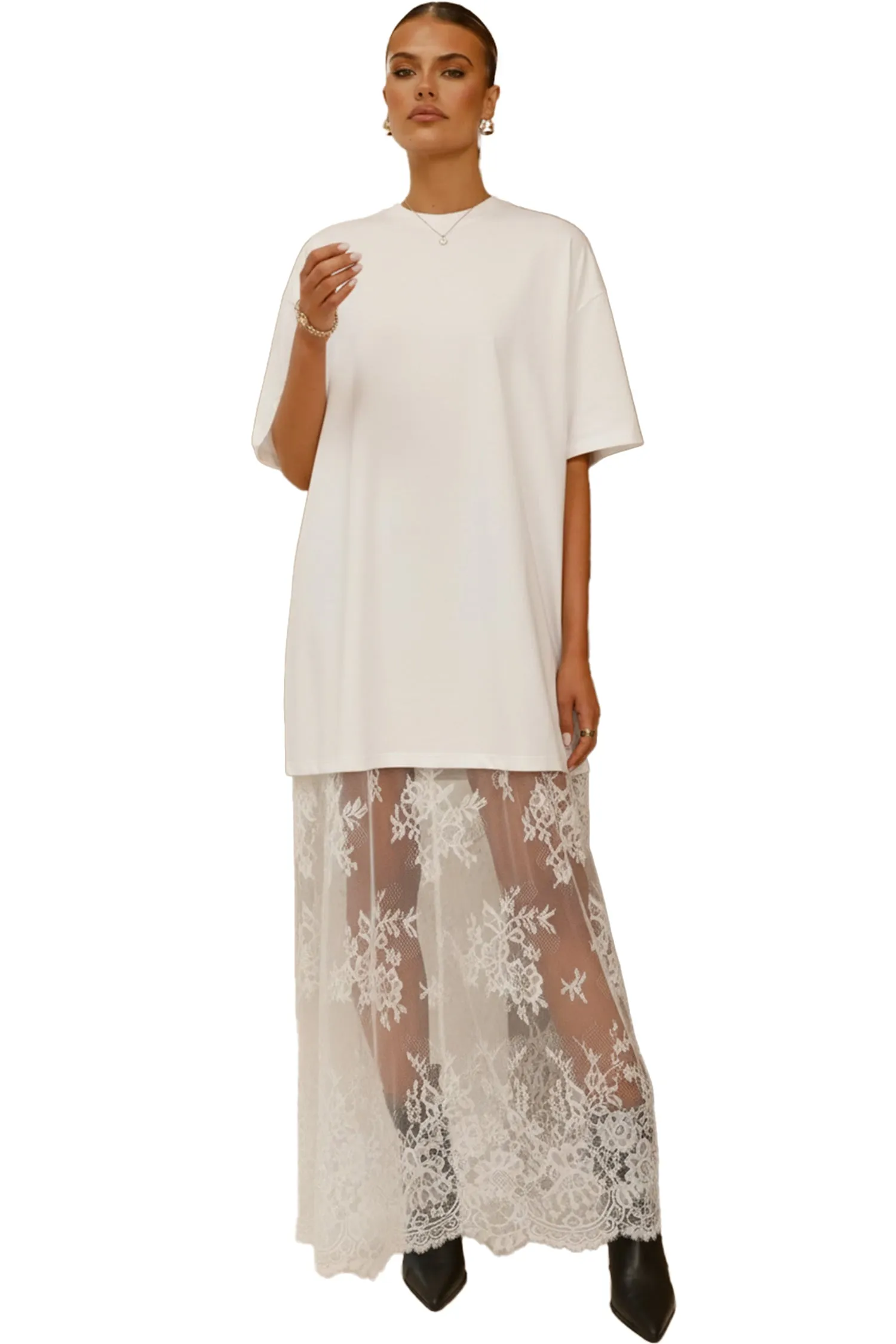 White Floral Patchwork Short Sleeve T-Shirt Loose Lace Maxi Dress sold by eAura product image thumbnail 5