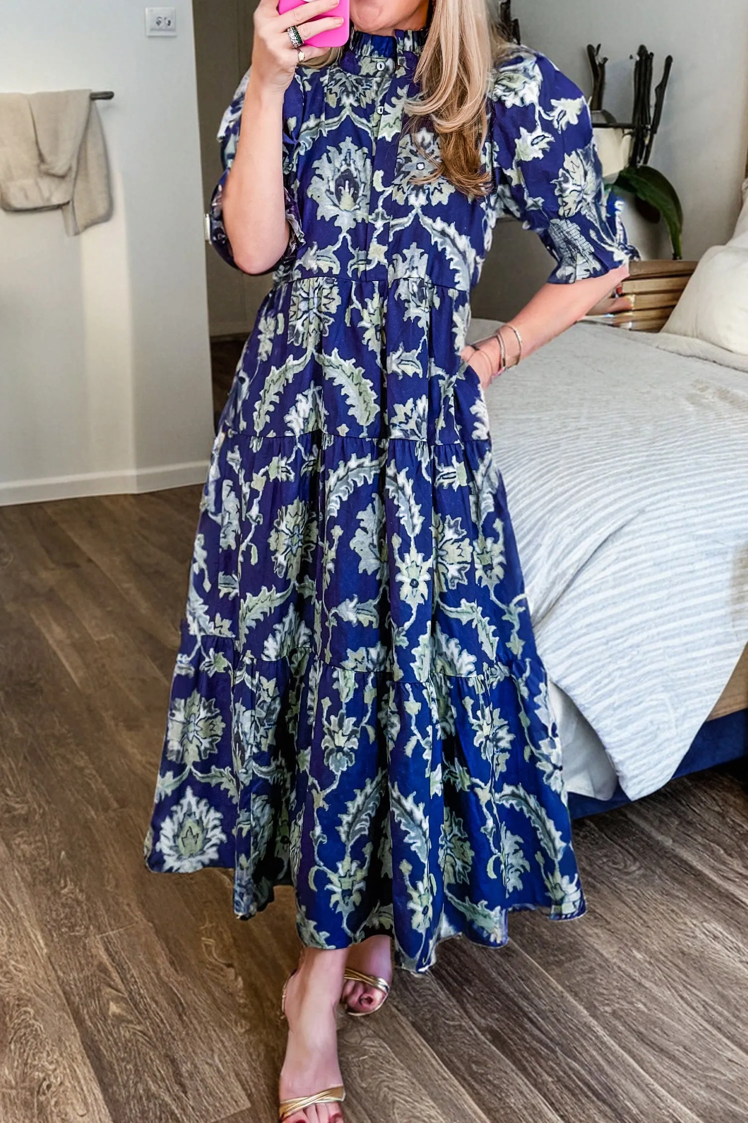Blue Wild Floral Print Frilled Collar Half Sleeve Long Dress sold by eAura