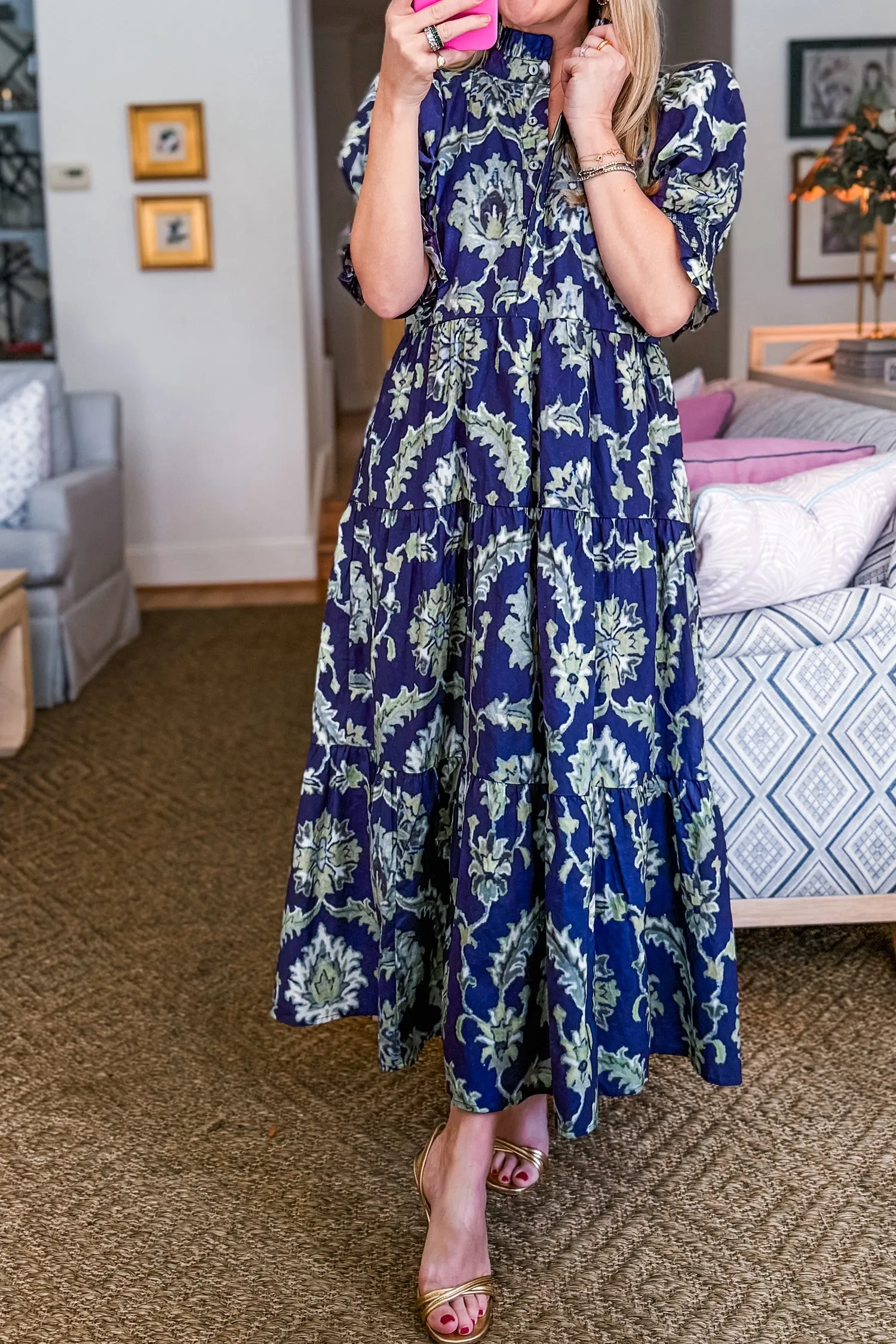 Blue Wild Floral Print Frilled Collar Half Sleeve Long Dress sold by eAura product image thumbnail 5