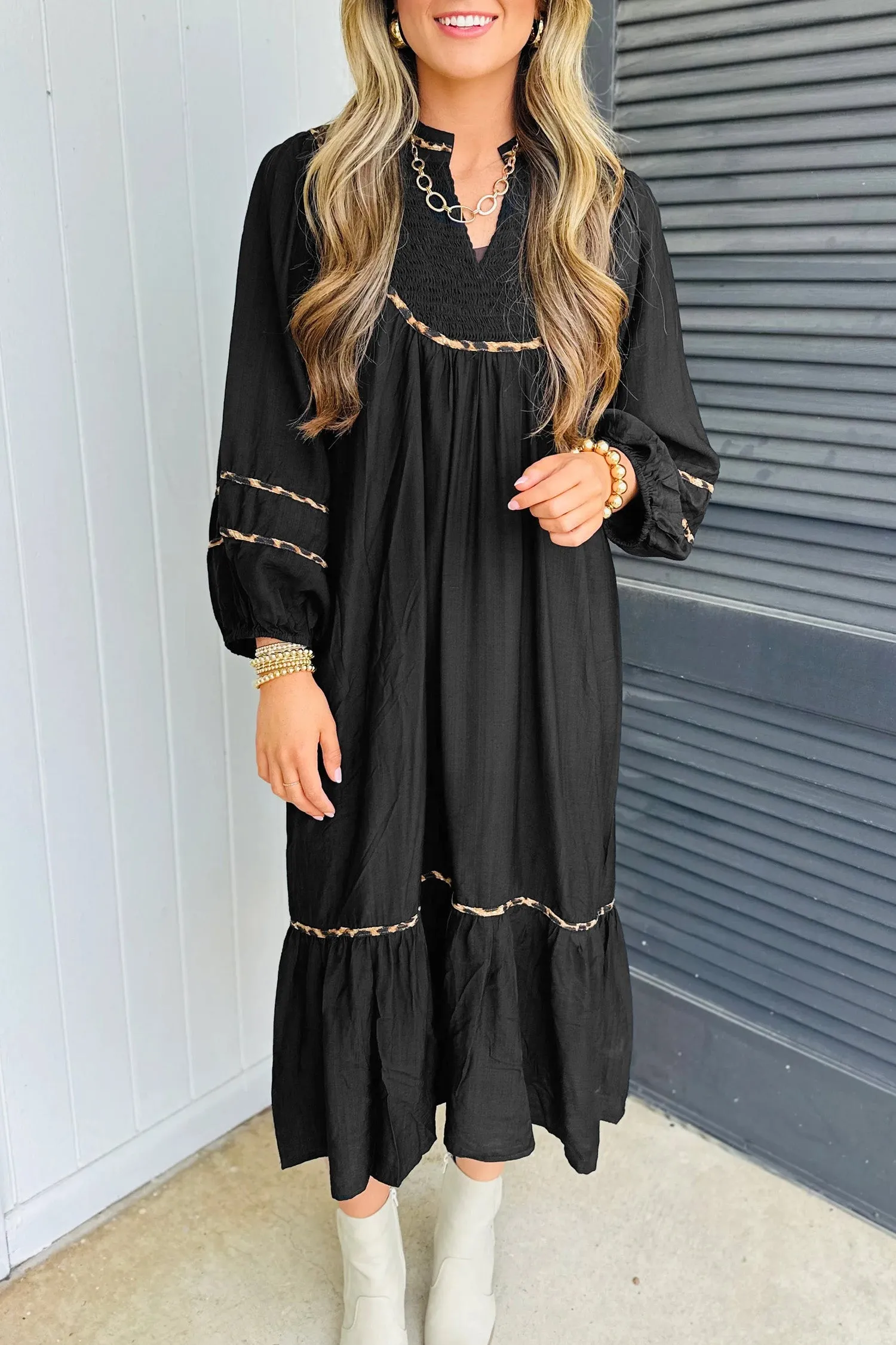 Contrast Leopard Trim Split Neck Long Sleeve Casual Midi Dress sold by eAura product image thumbnail 2