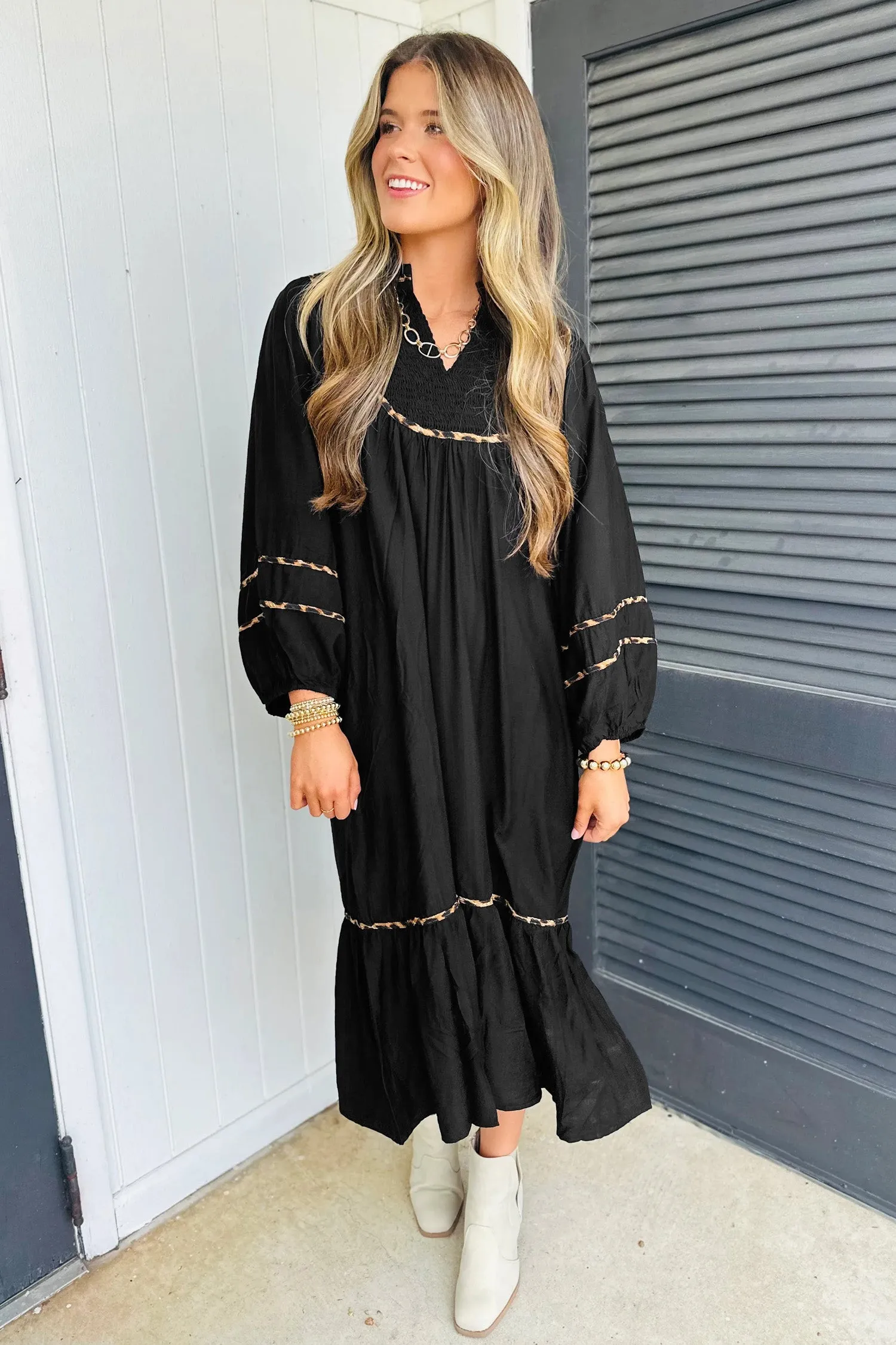 Contrast Leopard Trim Split Neck Long Sleeve Casual Midi Dress sold by eAura product image thumbnail 4