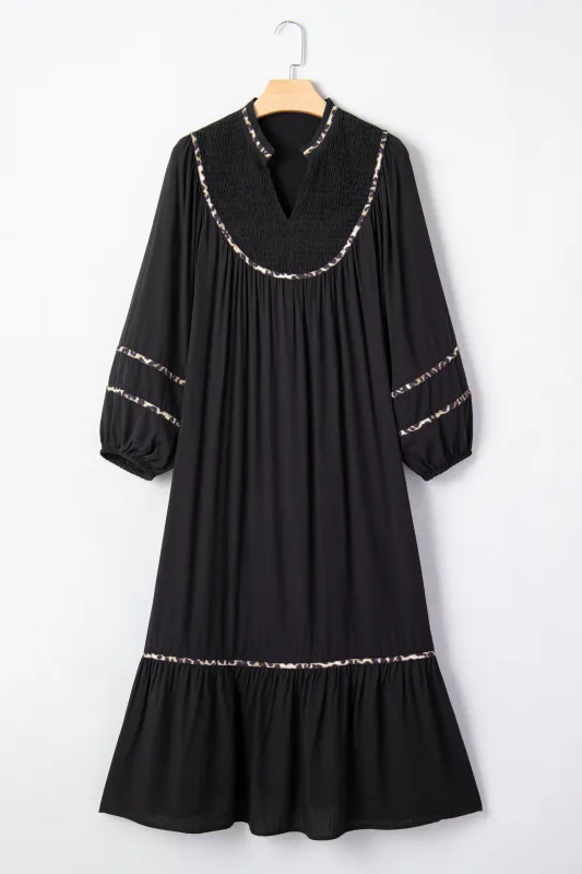 Contrast Leopard Trim Split Neck Long Sleeve Casual Midi Dress sold by eAura