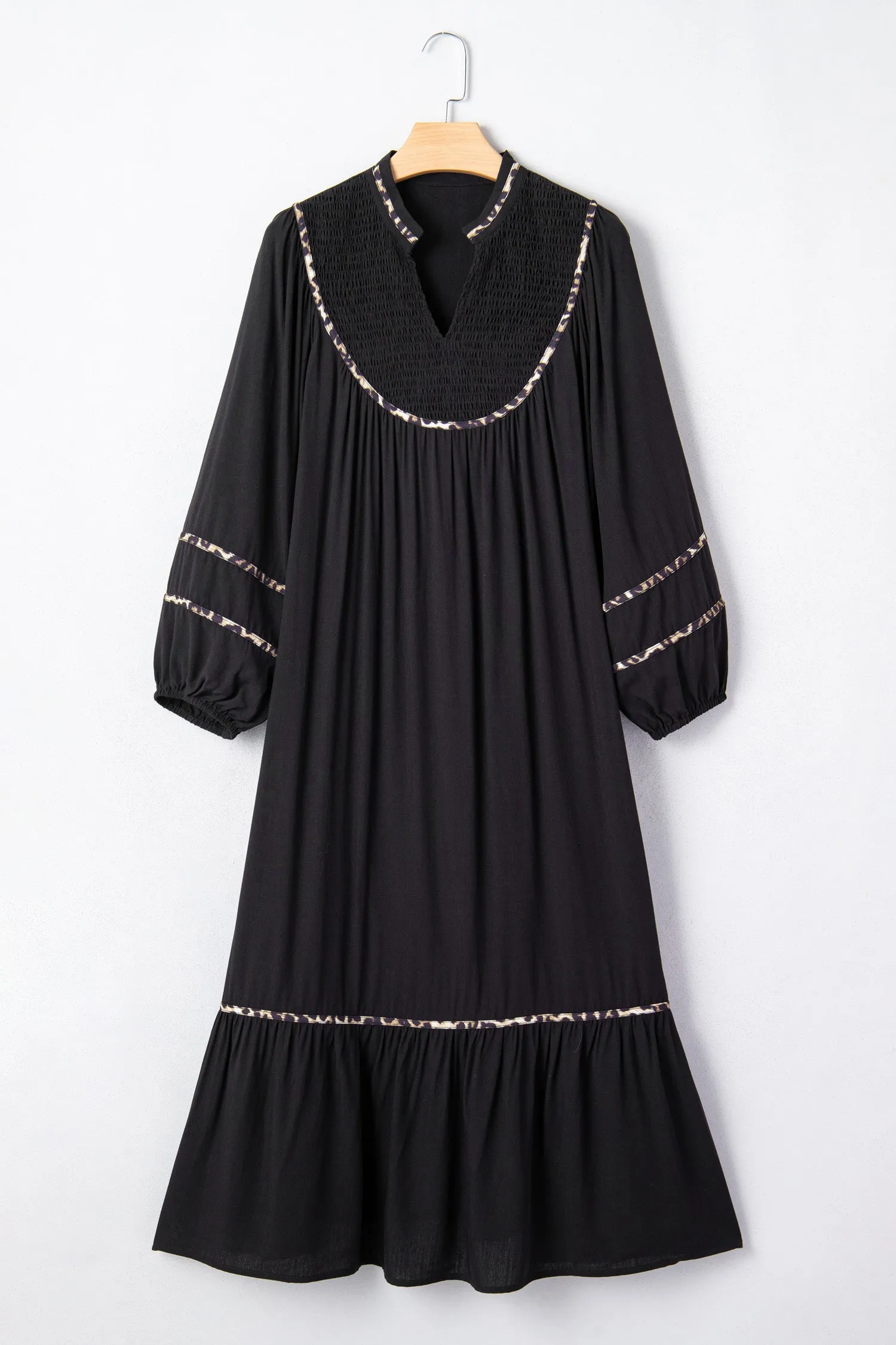 Contrast Leopard Trim Split Neck Long Sleeve Casual Midi Dress sold by eAura