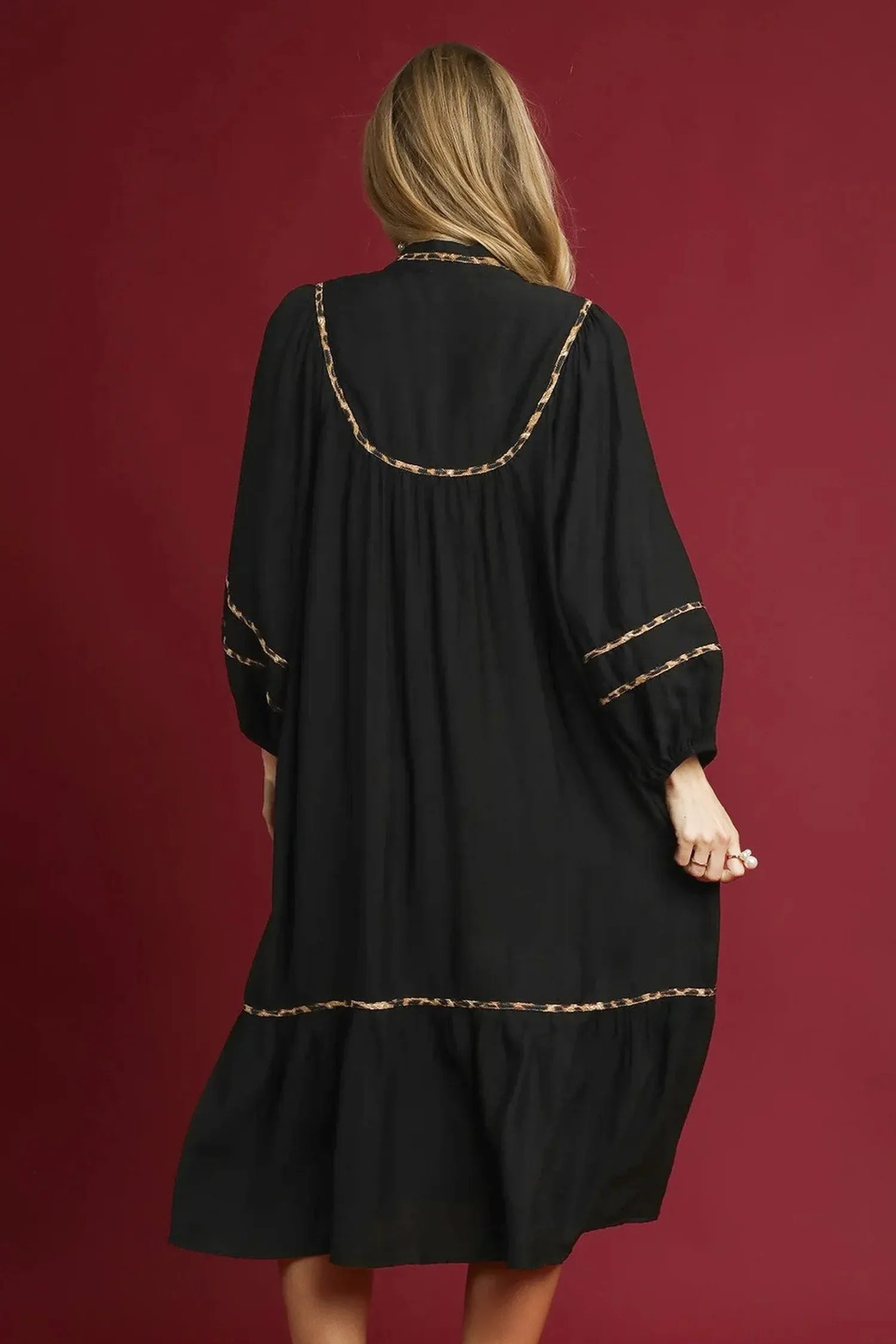 Contrast Leopard Trim Split Neck Long Sleeve Casual Midi Dress sold by eAura product image thumbnail 3