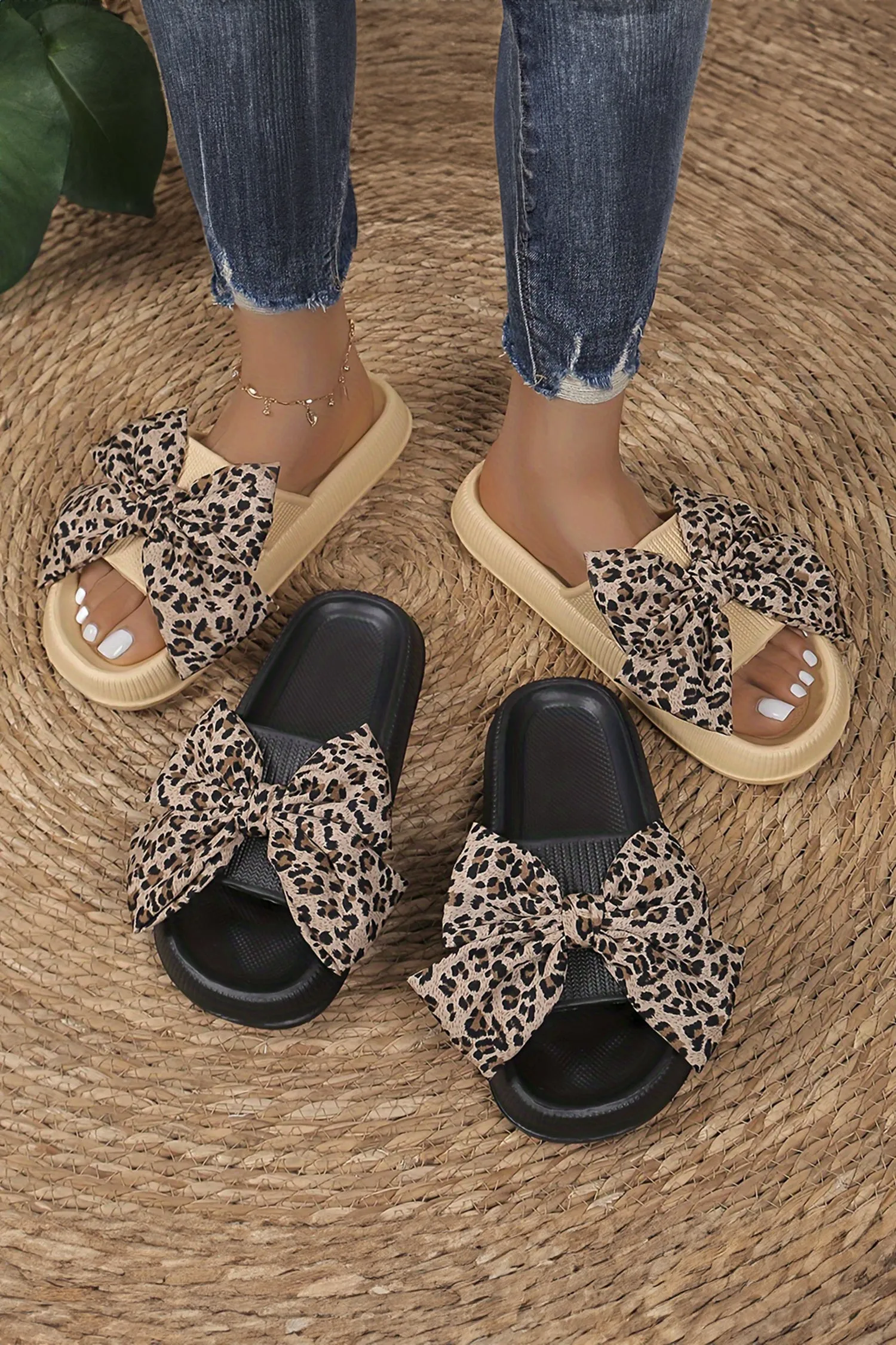 Khaki Contrast Leopard Bow Decor Comfort Sandals sold by eAura product image thumbnail 4