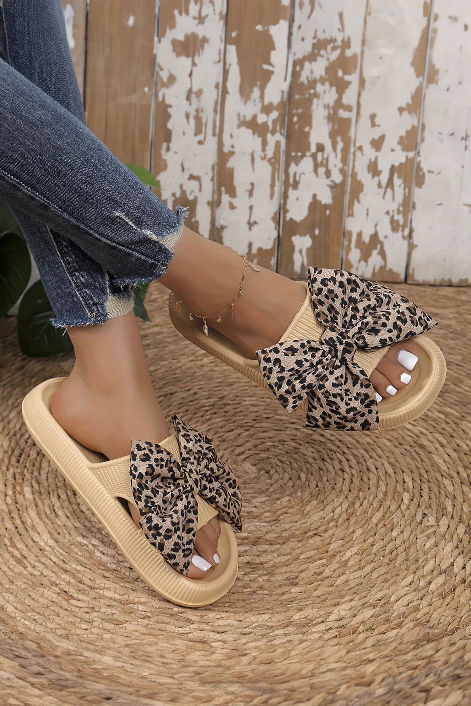 Khaki Contrast Leopard Bow Decor Comfort Sandals sold by eAura product image thumbnail 3