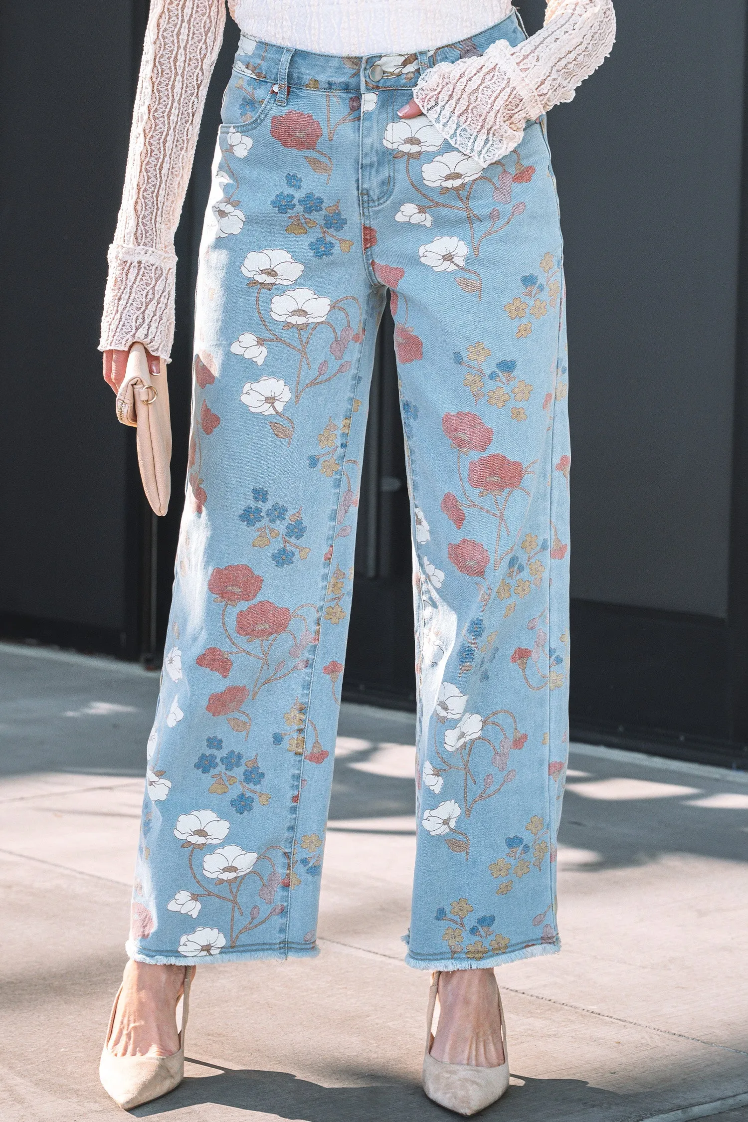 Blue Floral Printed Raw Hem Jeans sold by eAura