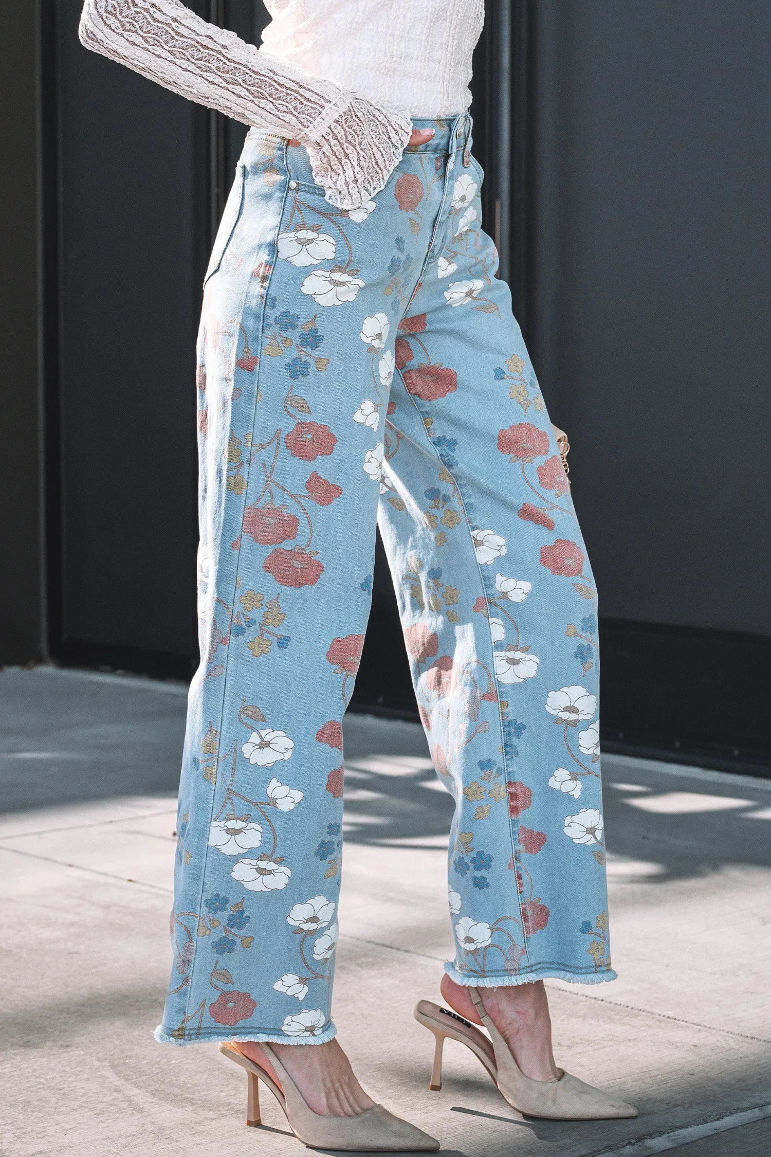 Blue Floral Printed Raw Hem Jeans sold by eAura product image thumbnail 4
