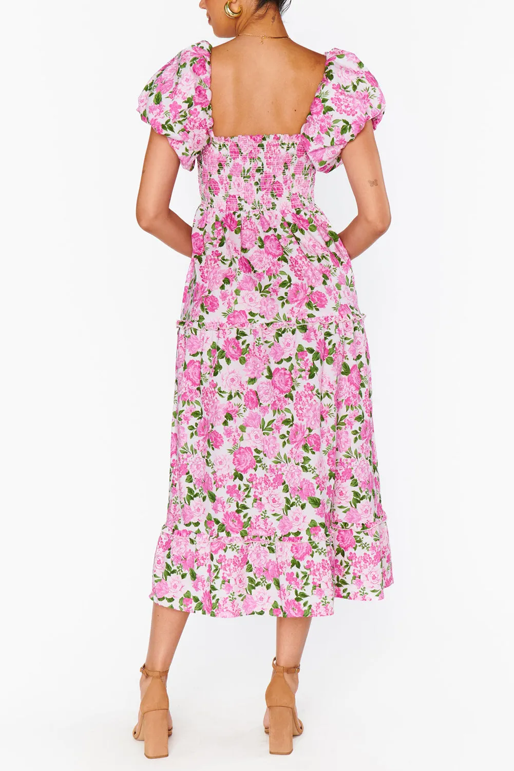 Pink Floral Smocked Puff Sleeve Flowy Midi Dress sold by eAura product image thumbnail 3