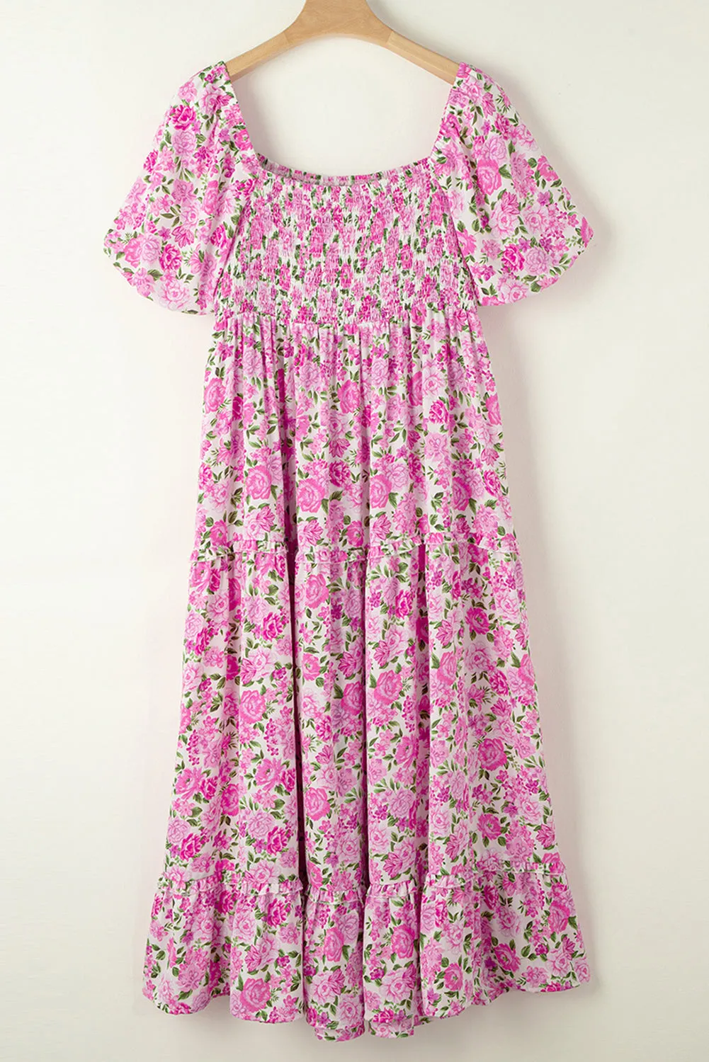 Pink Floral Smocked Puff Sleeve Flowy Midi Dress sold by eAura