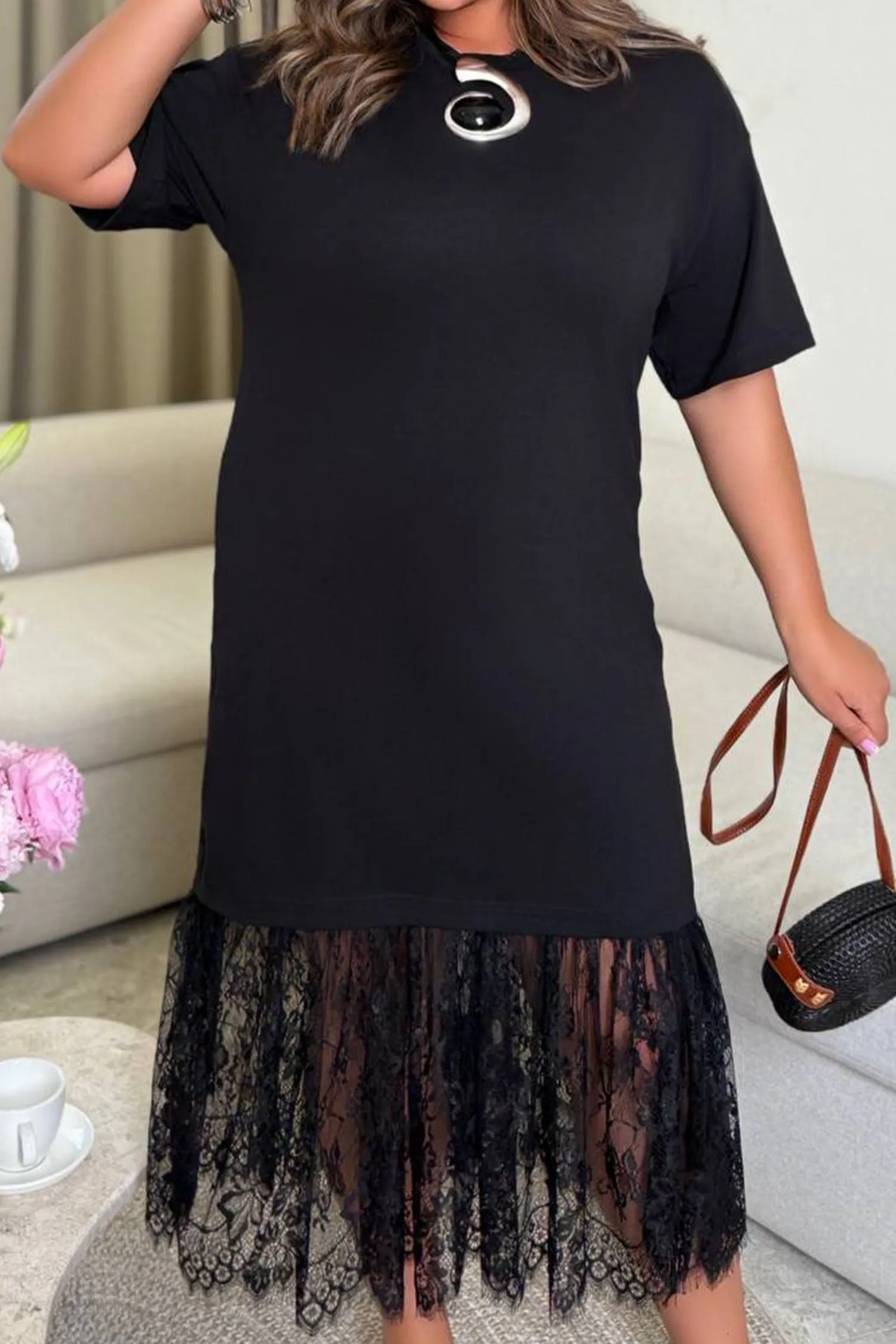 Black Plus Size Lace Hem Patchwork T-Shirt Midi Dress sold by eAura product image thumbnail 4