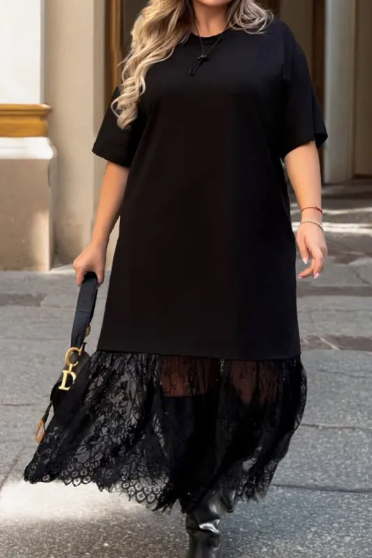Black Plus Size Lace Hem Patchwork T-Shirt Midi Dress sold by eAura