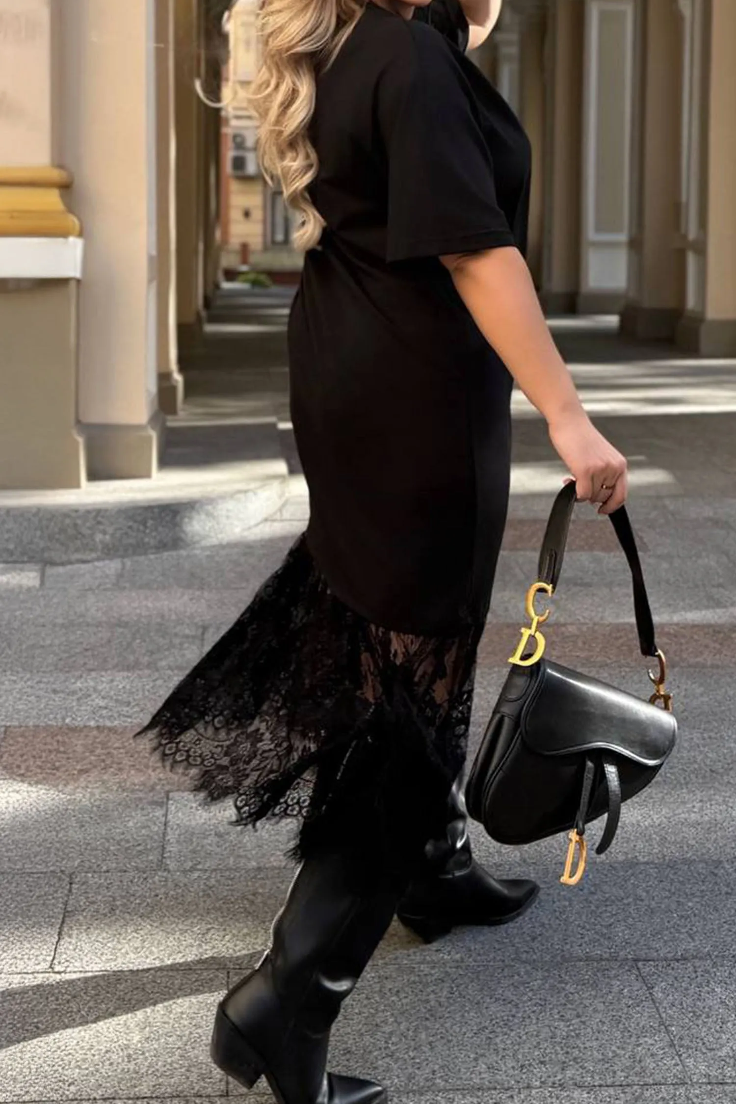 Black Plus Size Lace Hem Patchwork T-Shirt Midi Dress sold by eAura product image thumbnail 2