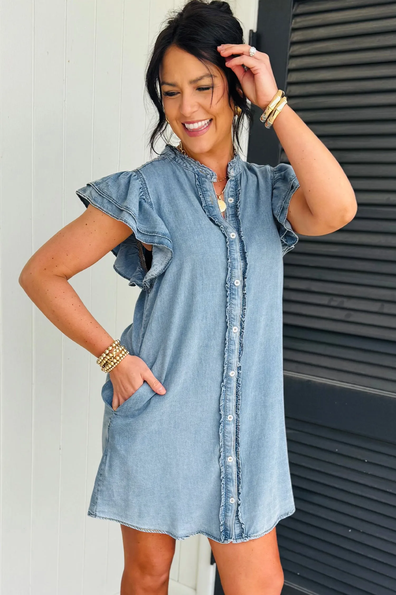 Frilled Detail Button Down Ruffle Short Sleeve Denim Mini Dress sold by eAura product image thumbnail 3