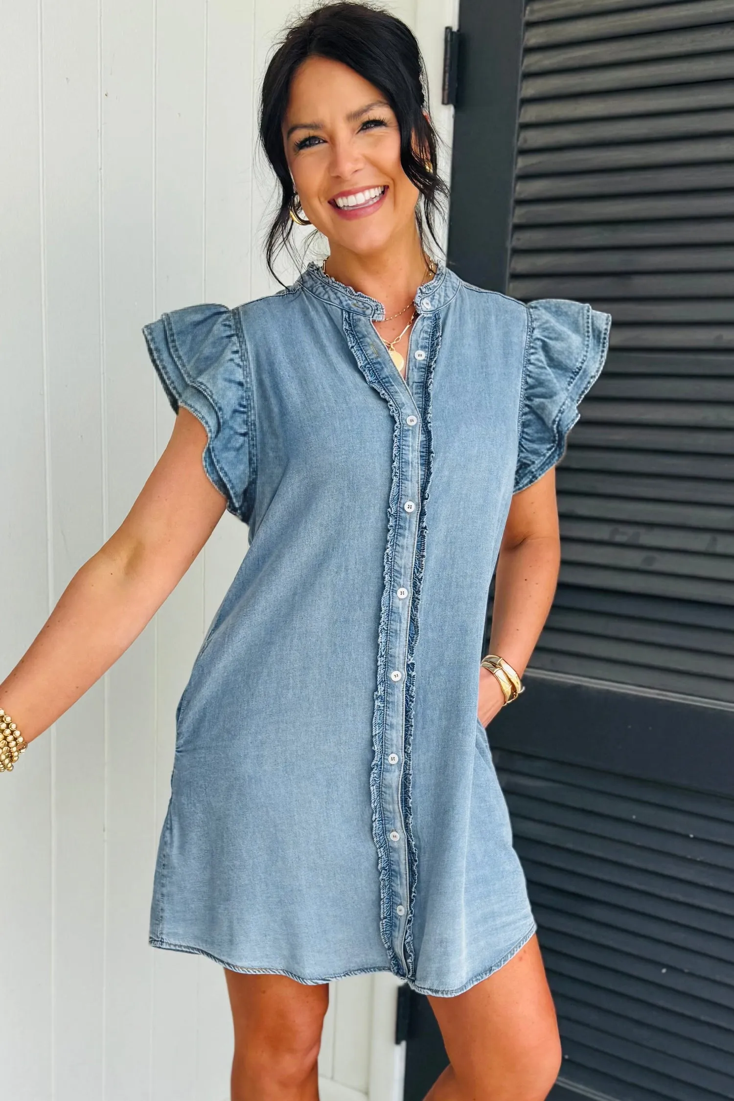 Frilled Detail Button Down Ruffle Short Sleeve Denim Mini Dress sold by eAura product image thumbnail 5