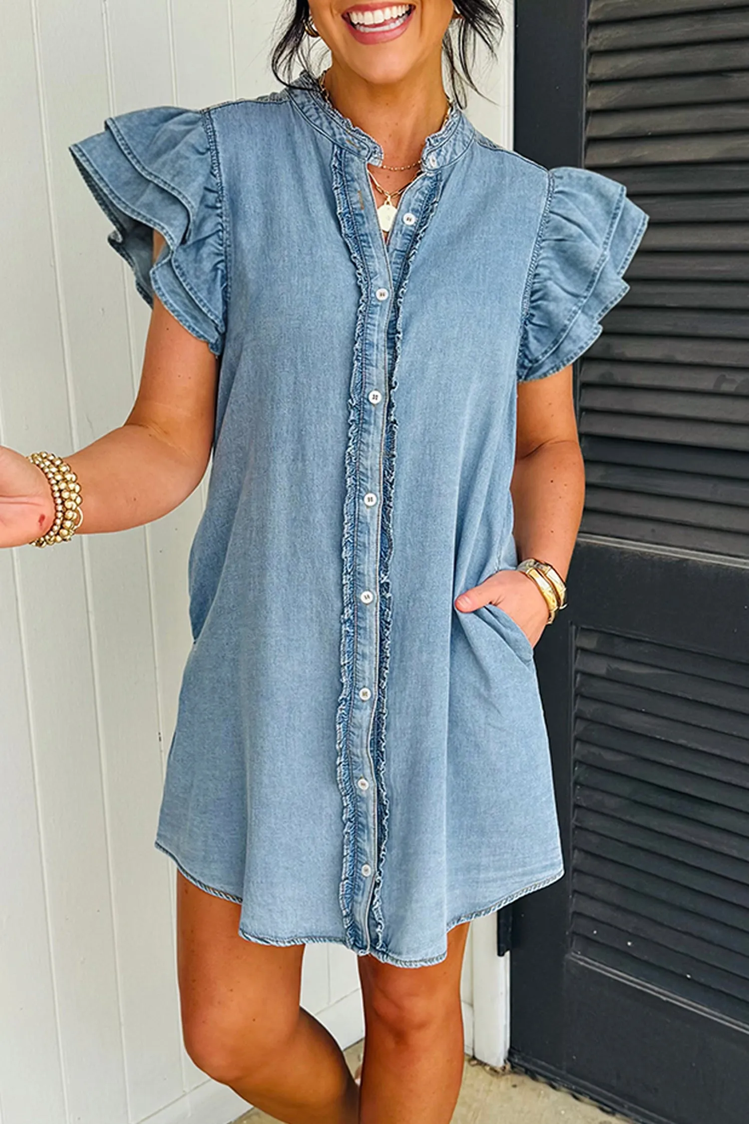 Frilled Detail Button Down Ruffle Short Sleeve Denim Mini Dress sold by eAura product image thumbnail 2