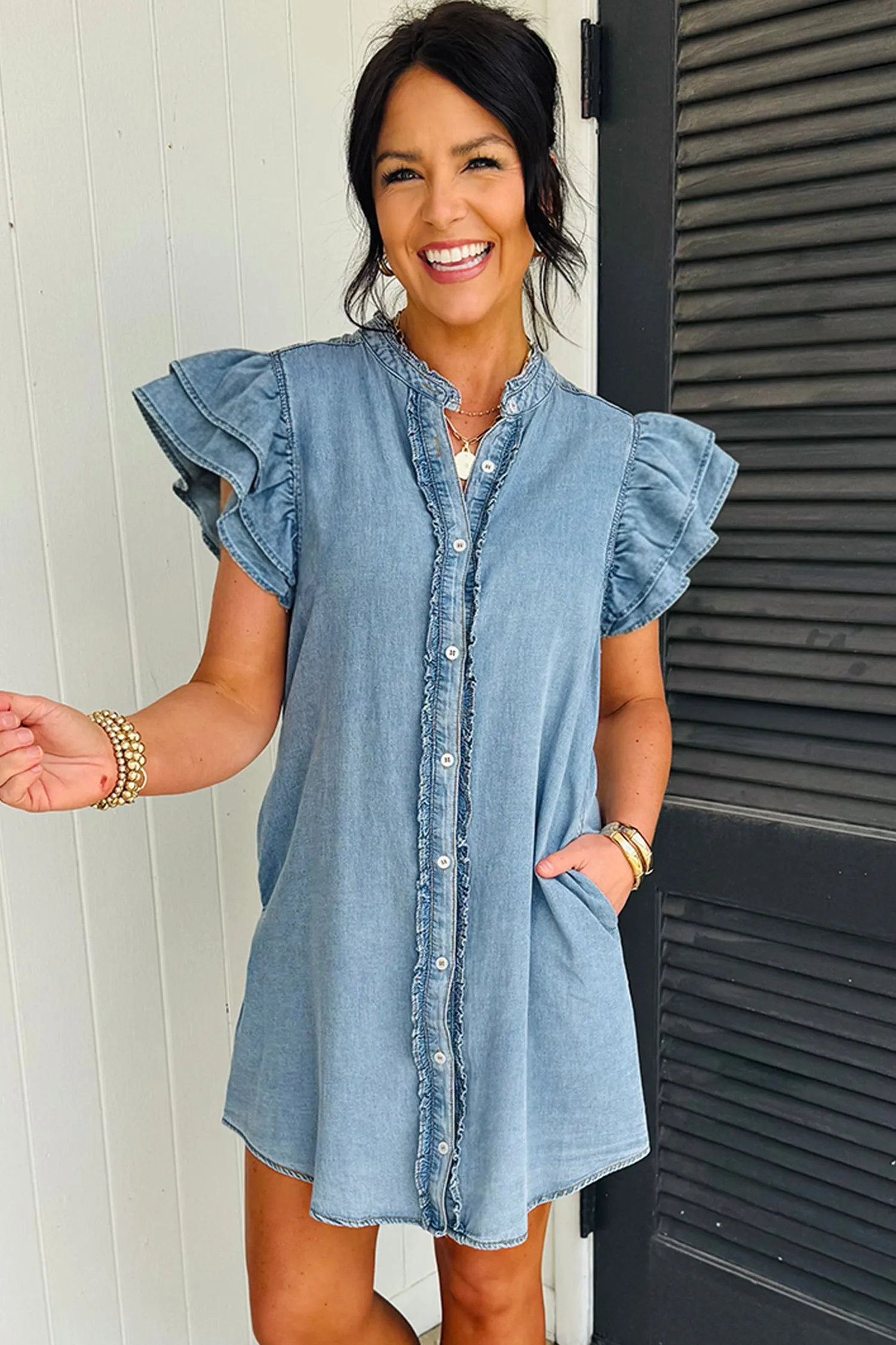 Frilled Detail Button Down Ruffle Short Sleeve Denim Mini Dress sold by eAura product image thumbnail 4