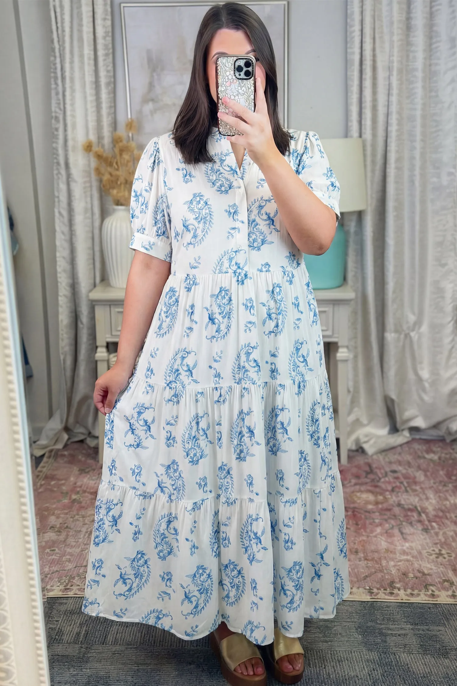 Plus Size Geometric Floral Print Button Split Neck Short Sleeve Maxi Dress sold by eAura product image thumbnail 4