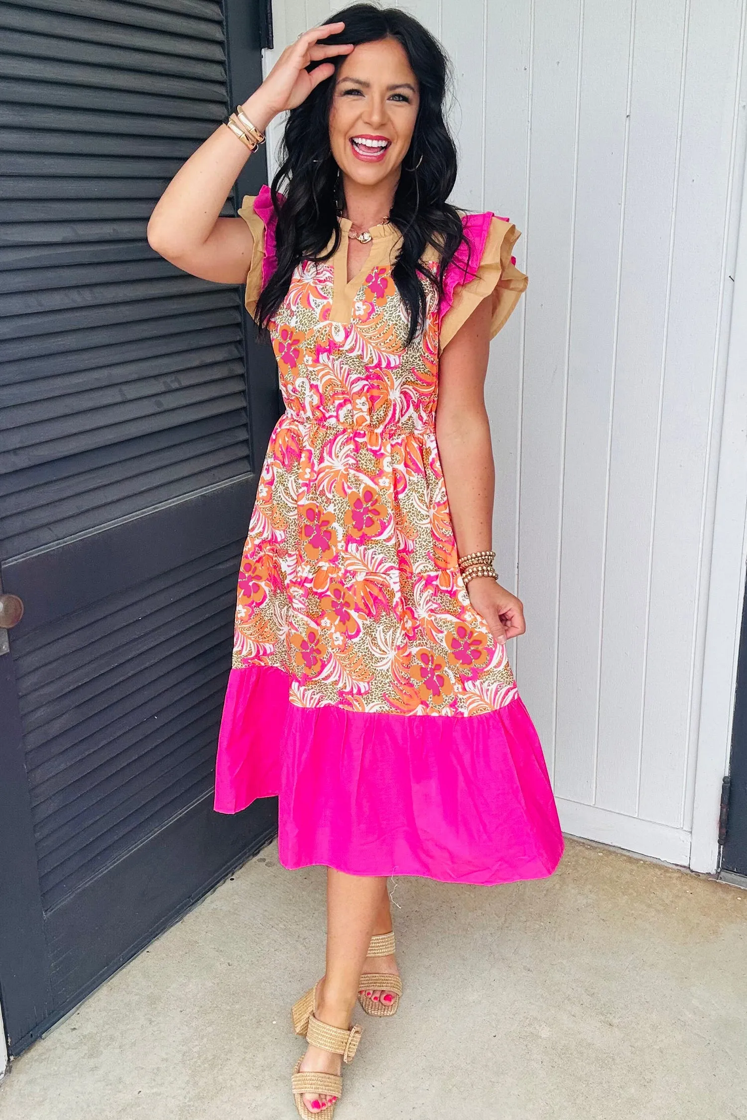 Floral Print Colour Block Ruffled Short Sleeve Flared Midi Dress sold by eAura product image thumbnail 3